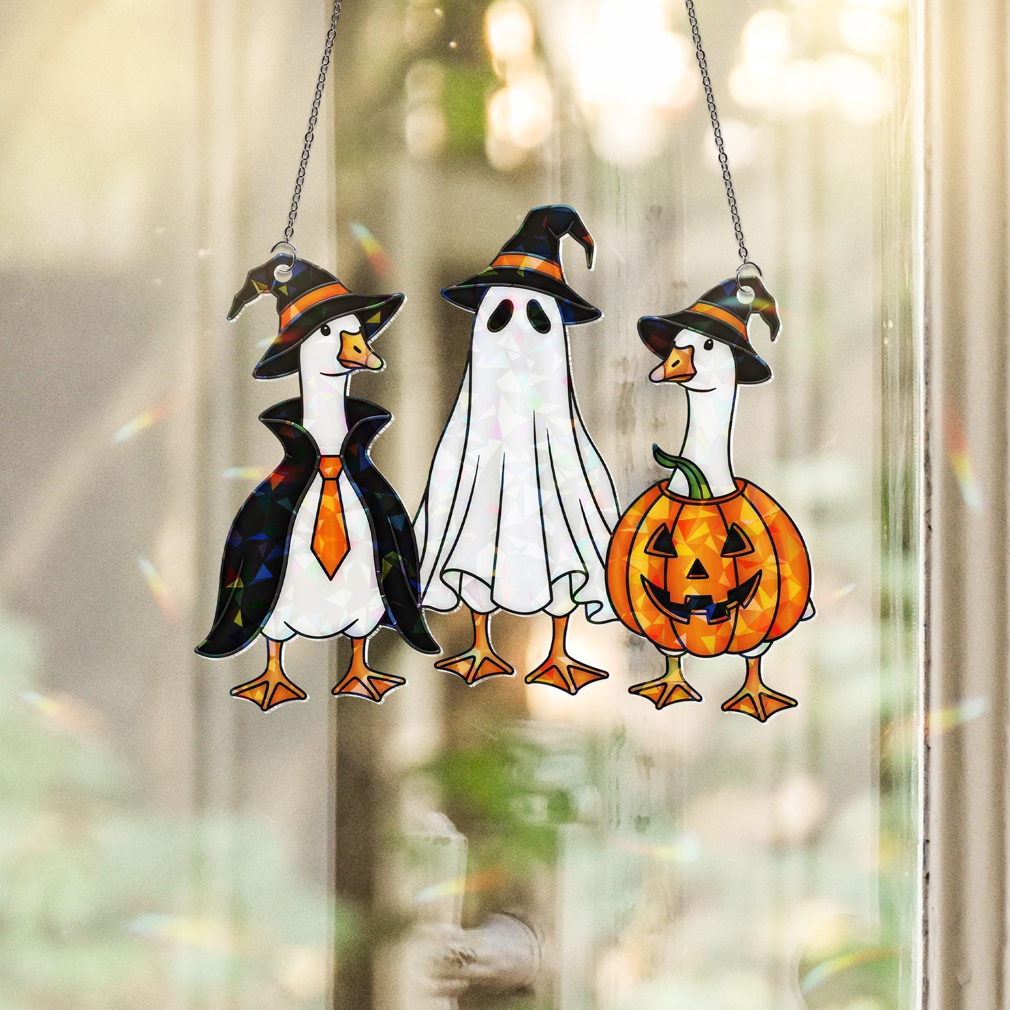 Halloween Goose Hologram Ornament – Cute Goose Witch, Ghost, Pumpkin Costumes – Funny ACRYLIC Window Hanging Fall Decor, Spooky Goose Gift