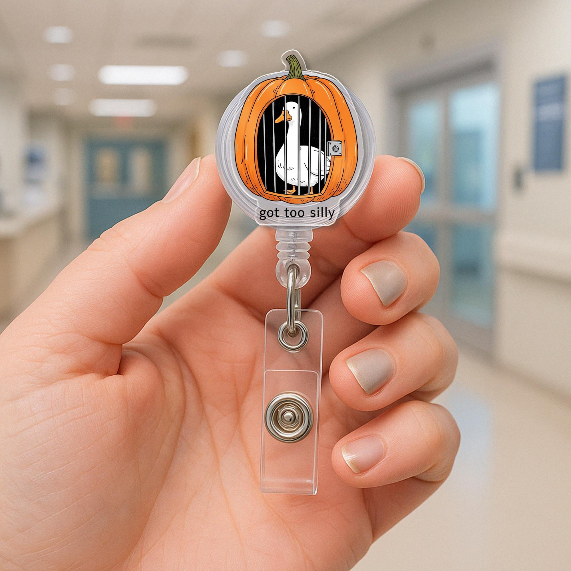 Funny Pumpkin Goose Badge Reel – “Got Too Silly” Halloween ID Holder, Cute Retractable Clip for Nurses, Teachers, Office Fall Accessory