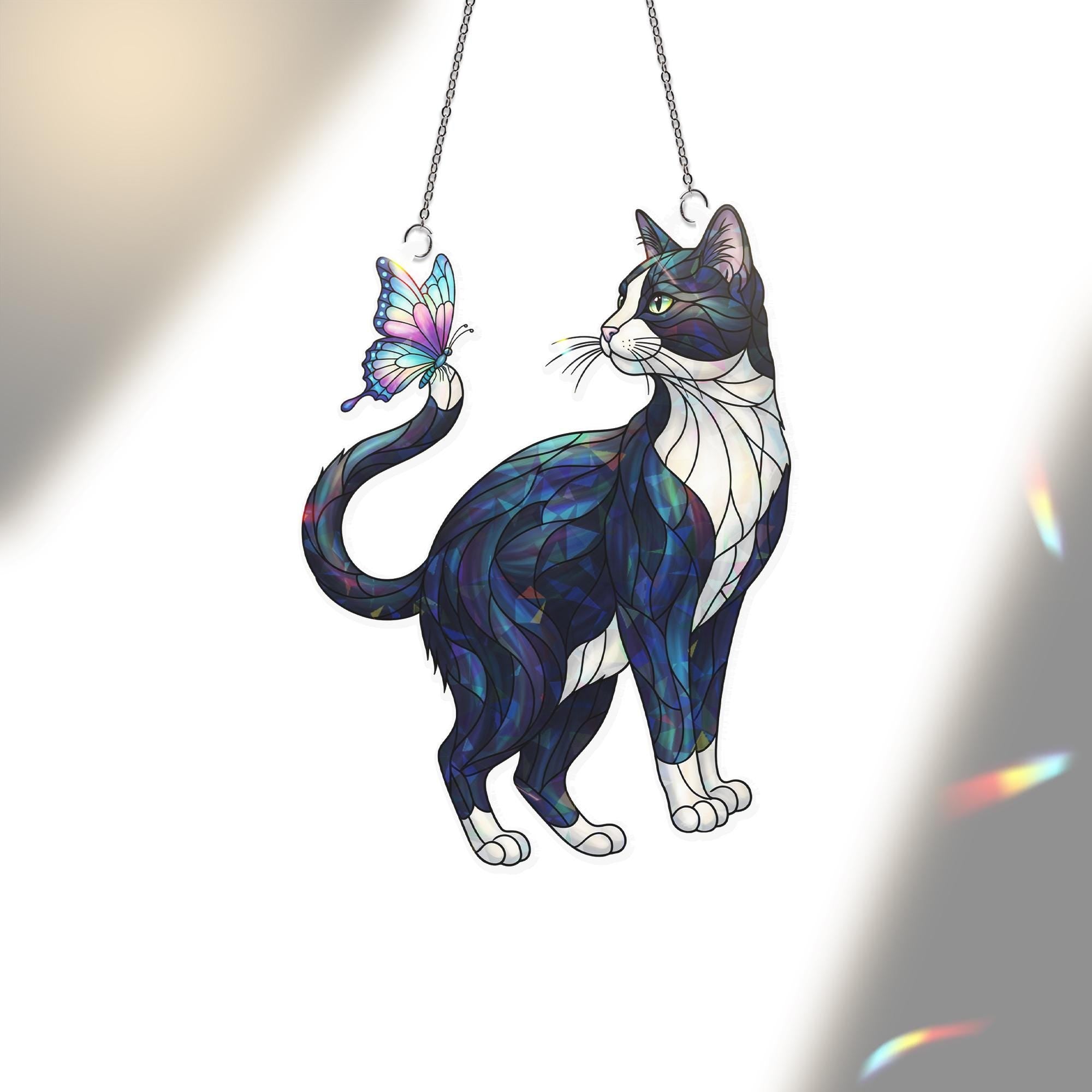 Tuxedo Cat and Butterfly Suncatcher – Holographic Stained Glass Window Hanging, Whimsical Kitty Decor, Cat Lover Gift for Home or Garden
