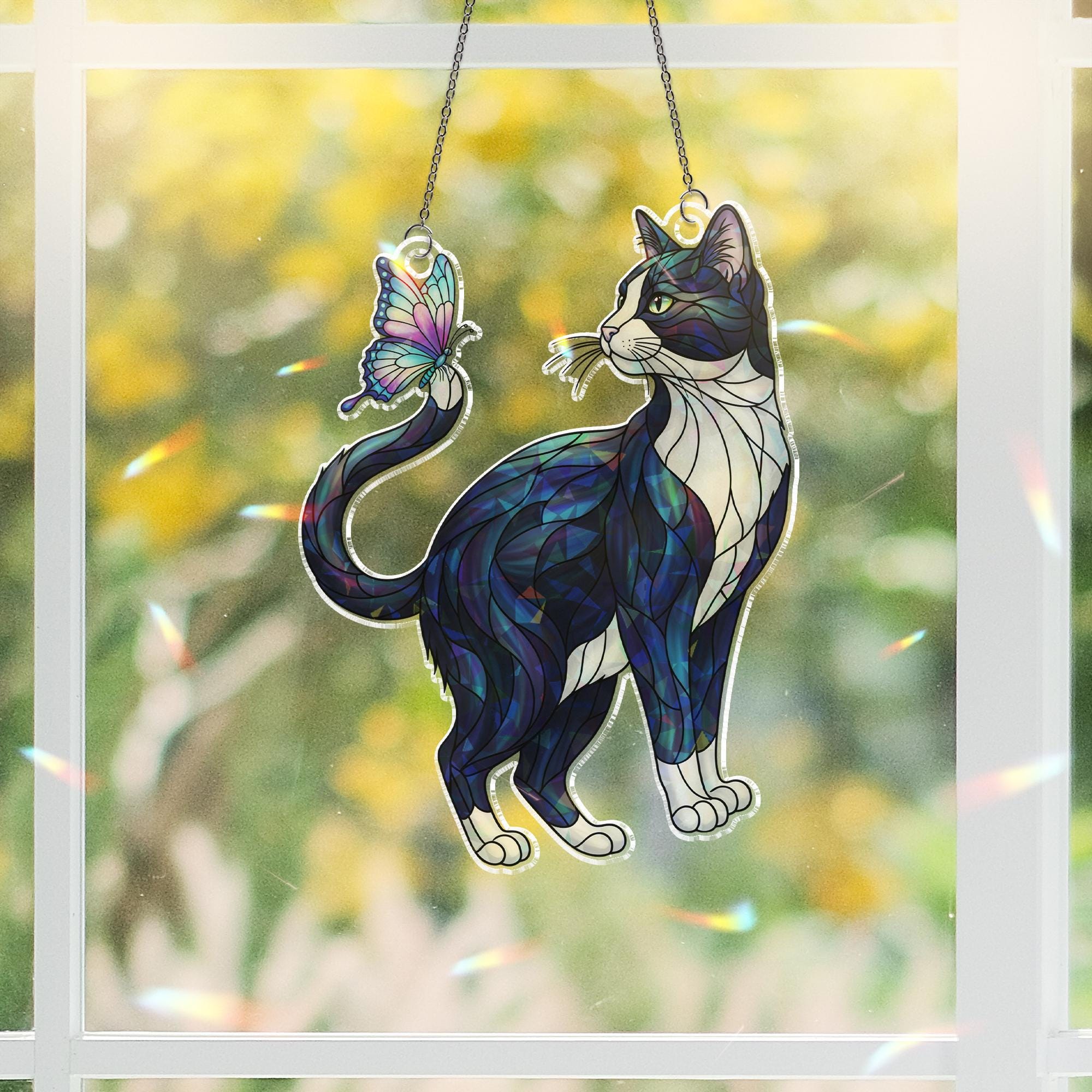 Tuxedo Cat and Butterfly Suncatcher – Holographic Stained Glass Window Hanging, Whimsical Kitty Decor, Cat Lover Gift for Home or Garden