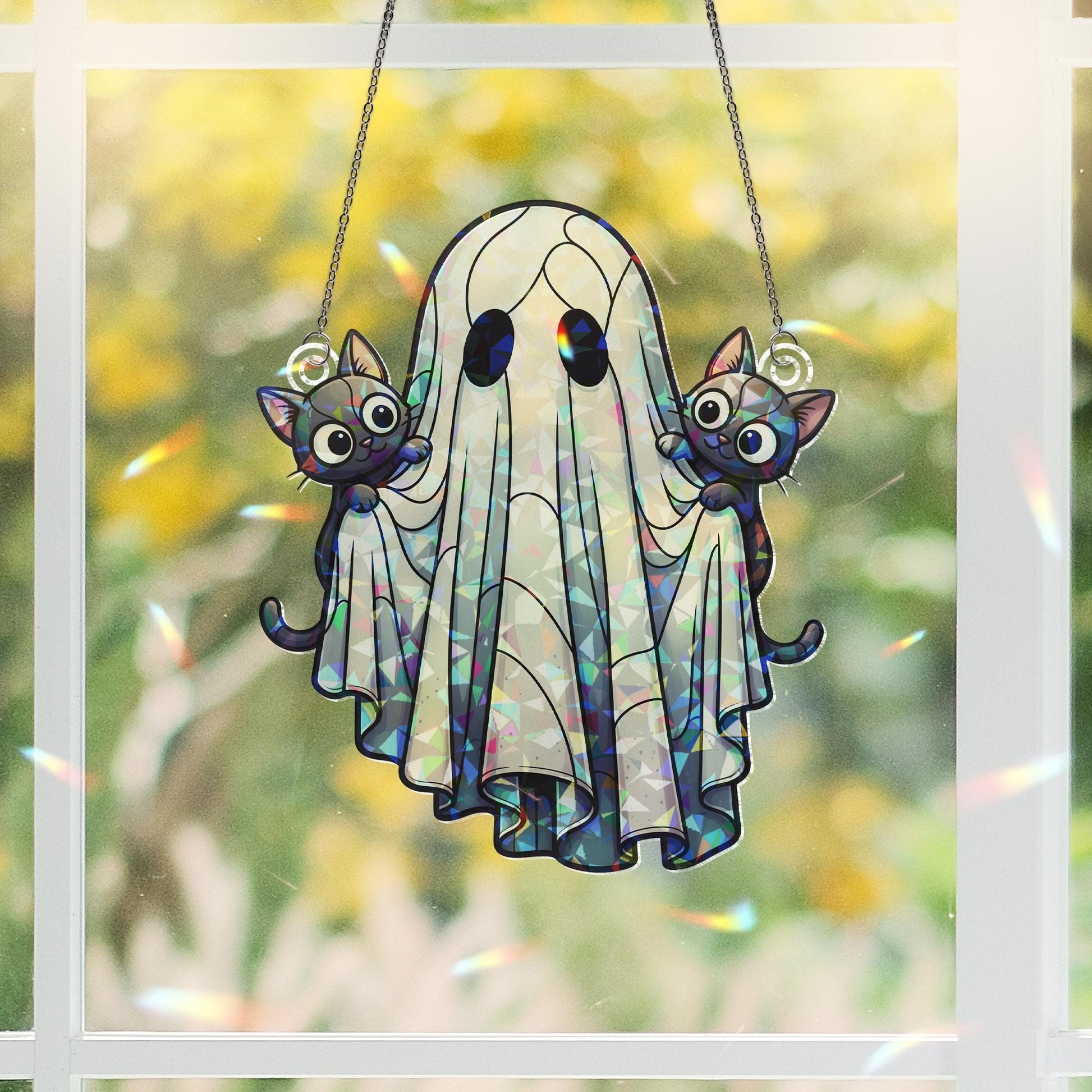Ghost and Kittens Holographic Suncatcher – Cute Halloween Window Hanging, Spooky Cat Lover Decor, Stained Glass Style Fall Ornament