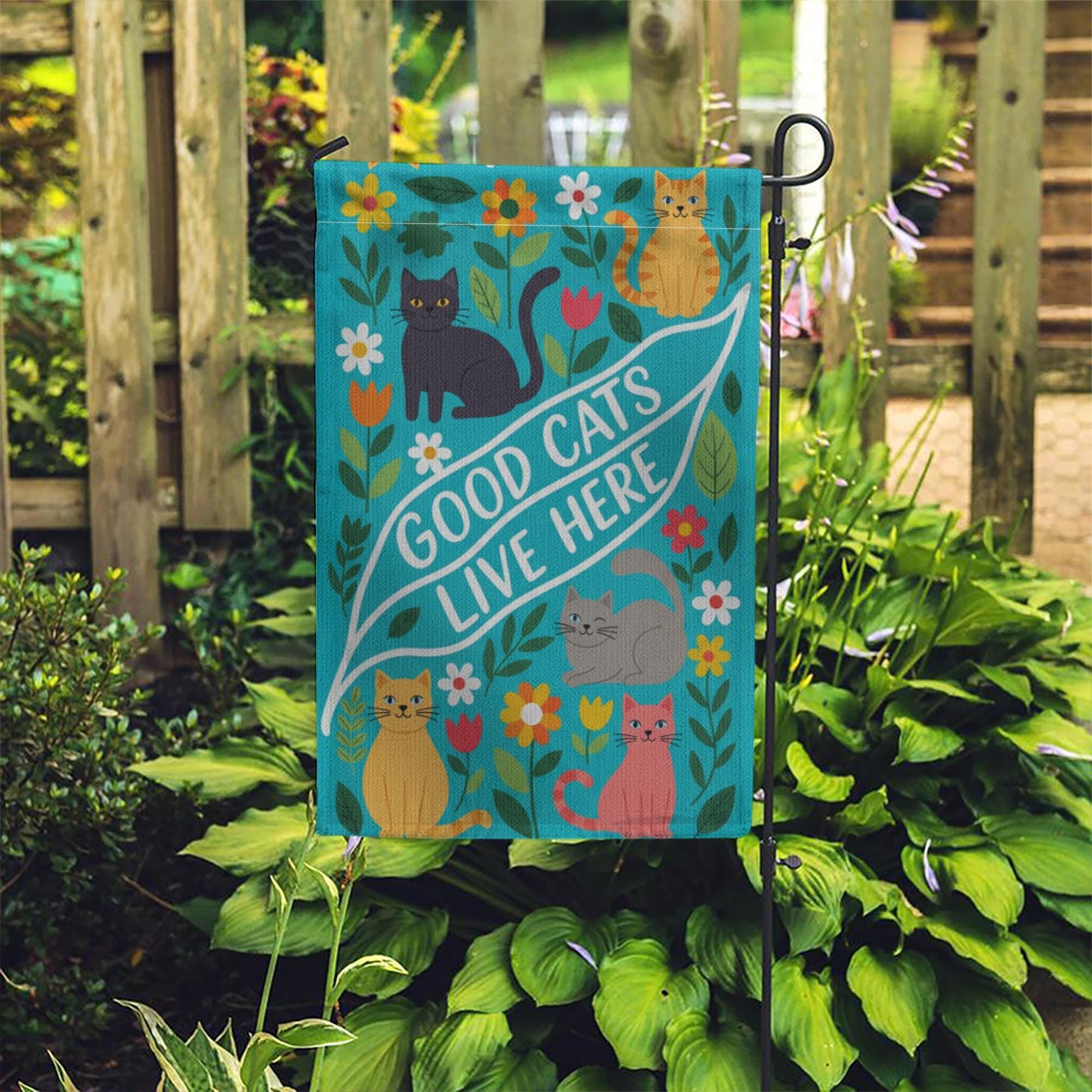 Good Cats Live Here Garden Flag – Colorful Outdoor Cat Decor for Yard or Porch, Cute Pet Lover House Flag with Flowers and Feline Friends