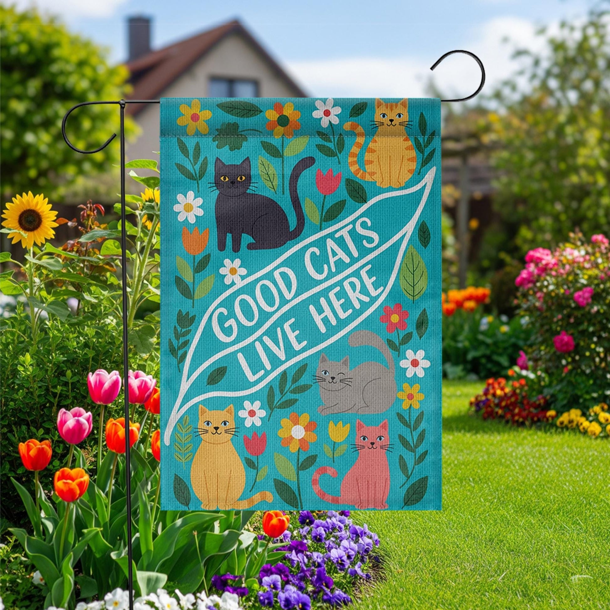 Good Cats Live Here Garden Flag – Colorful Outdoor Cat Decor for Yard or Porch, Cute Pet Lover House Flag with Flowers and Feline Friends