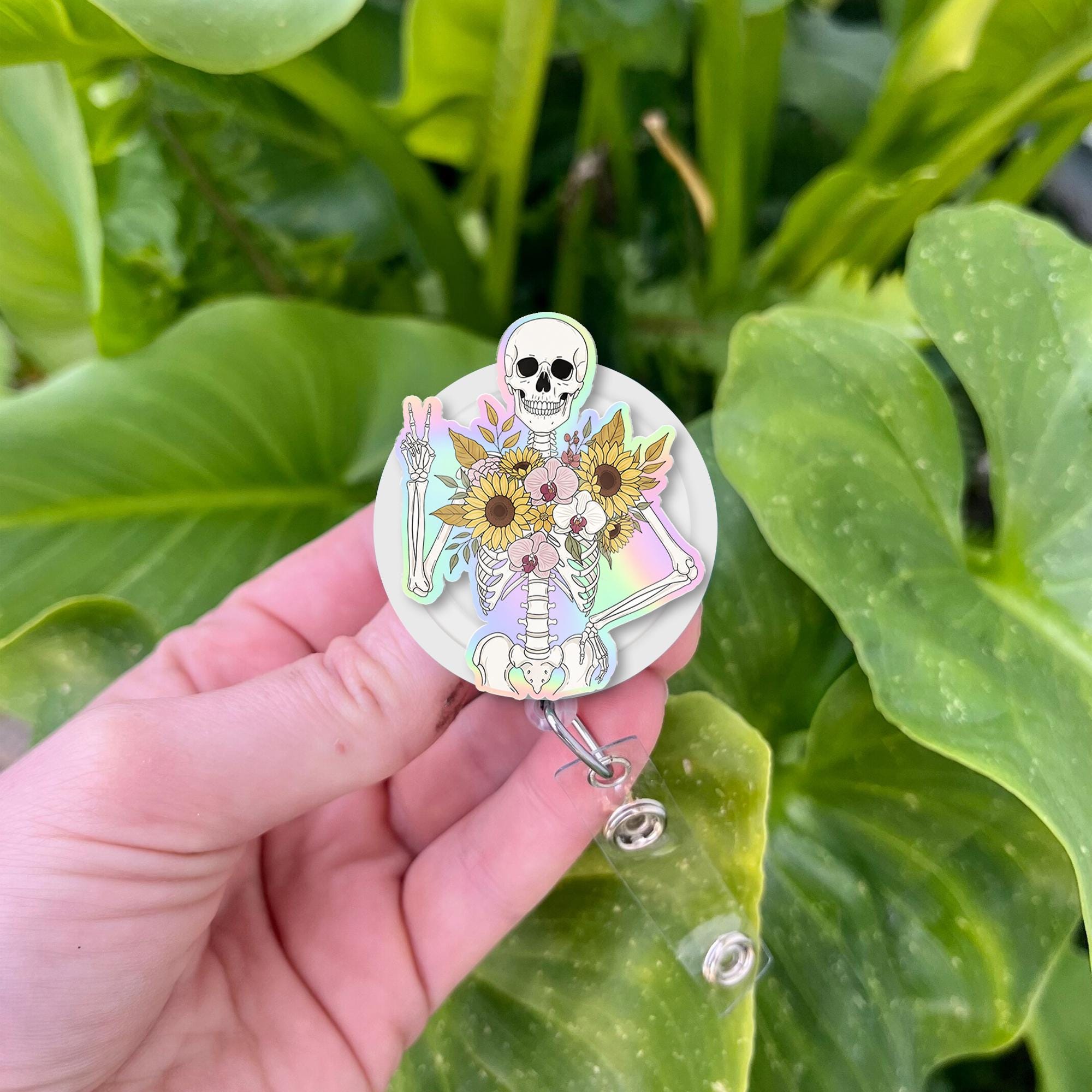 Holographic Skeleton Badge Reel – Sunflower Floral ID Holder, Cute Spooky Peace Sign Clip, Fall Nurse Badge, Funny Goth Office Accessory