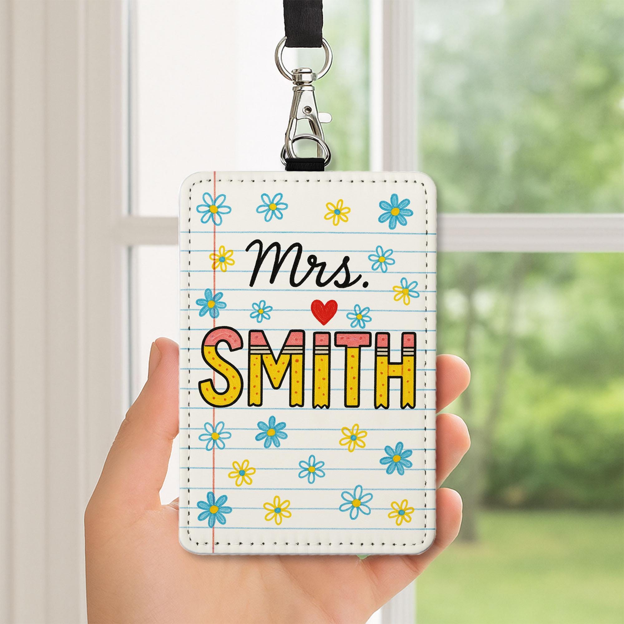 Teacher ID Badge Holder, Cute Floral Name Tag, Classroom Lanyard for Women, Personalized Teacher Gift, Back to School Accessory