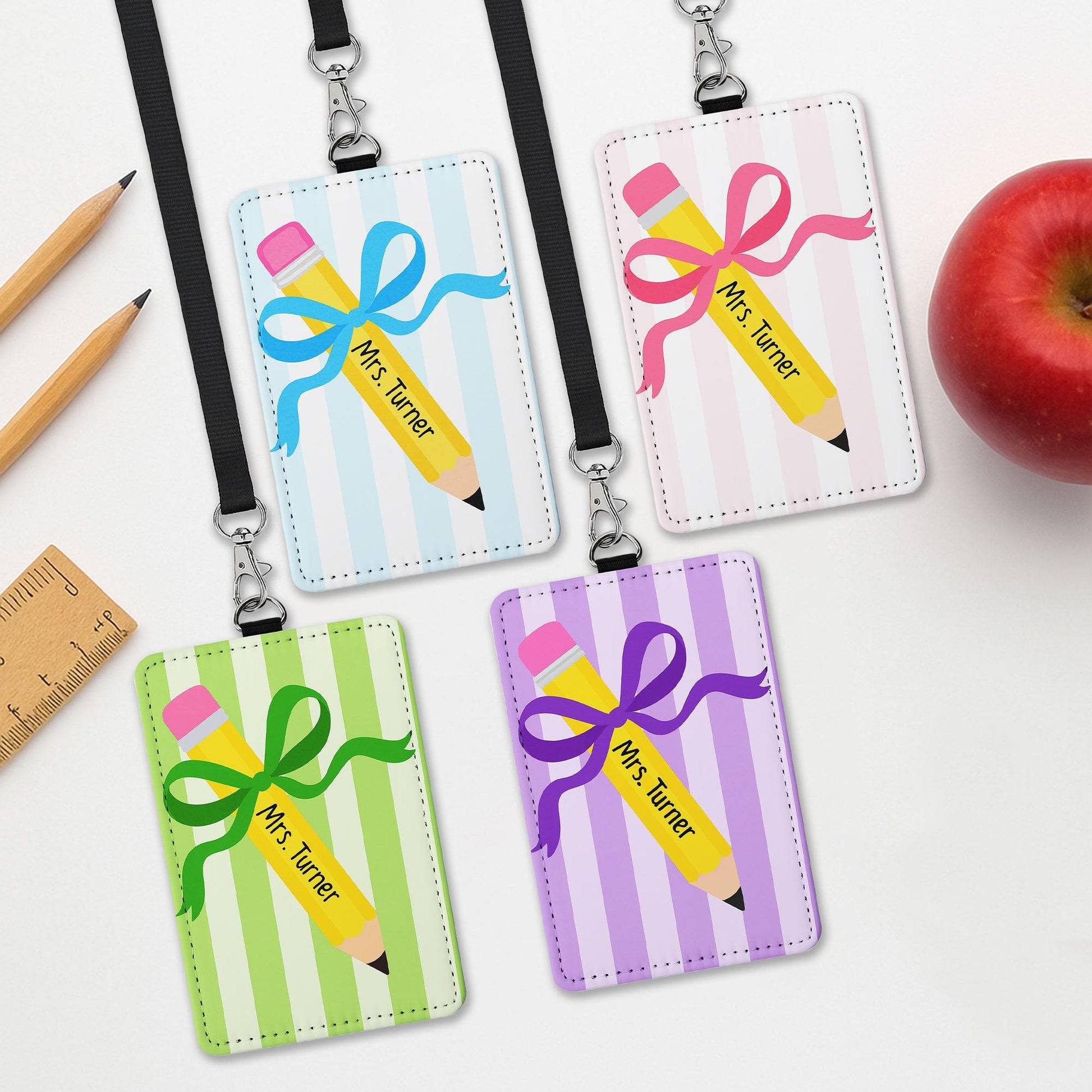 Vintage Pencil ID Badge Holder, Cute Teacher Lanyard, Back to School Gift, Colorful Name Tag, Classroom Accessory,Educator Gift,Teacher Gift