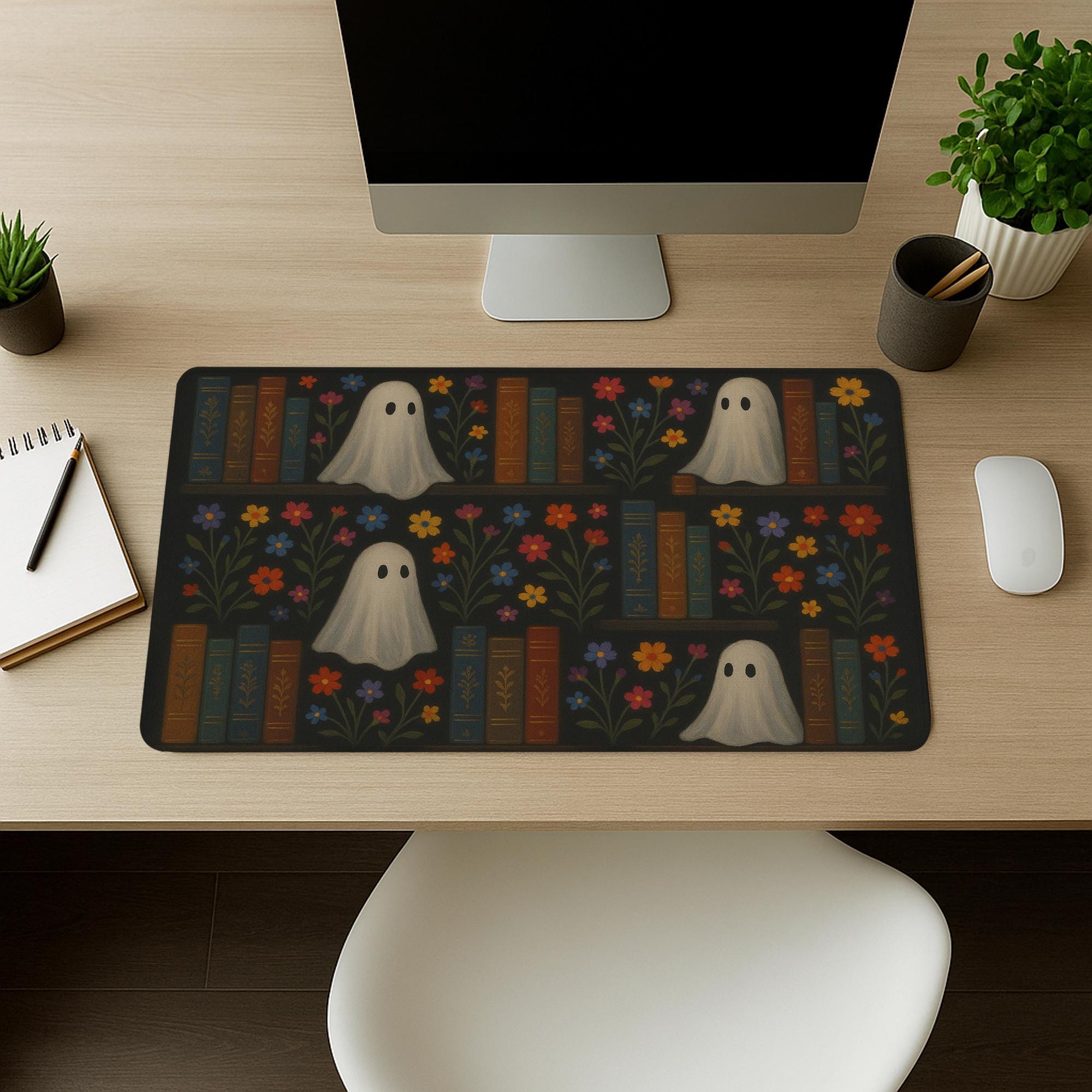 Ghost Bookshelf Mouse Pad – Cottagecore Spooky Desk Mat – Floral Gothic Office Decor – Cute Halloween Ghost Library Mousepad