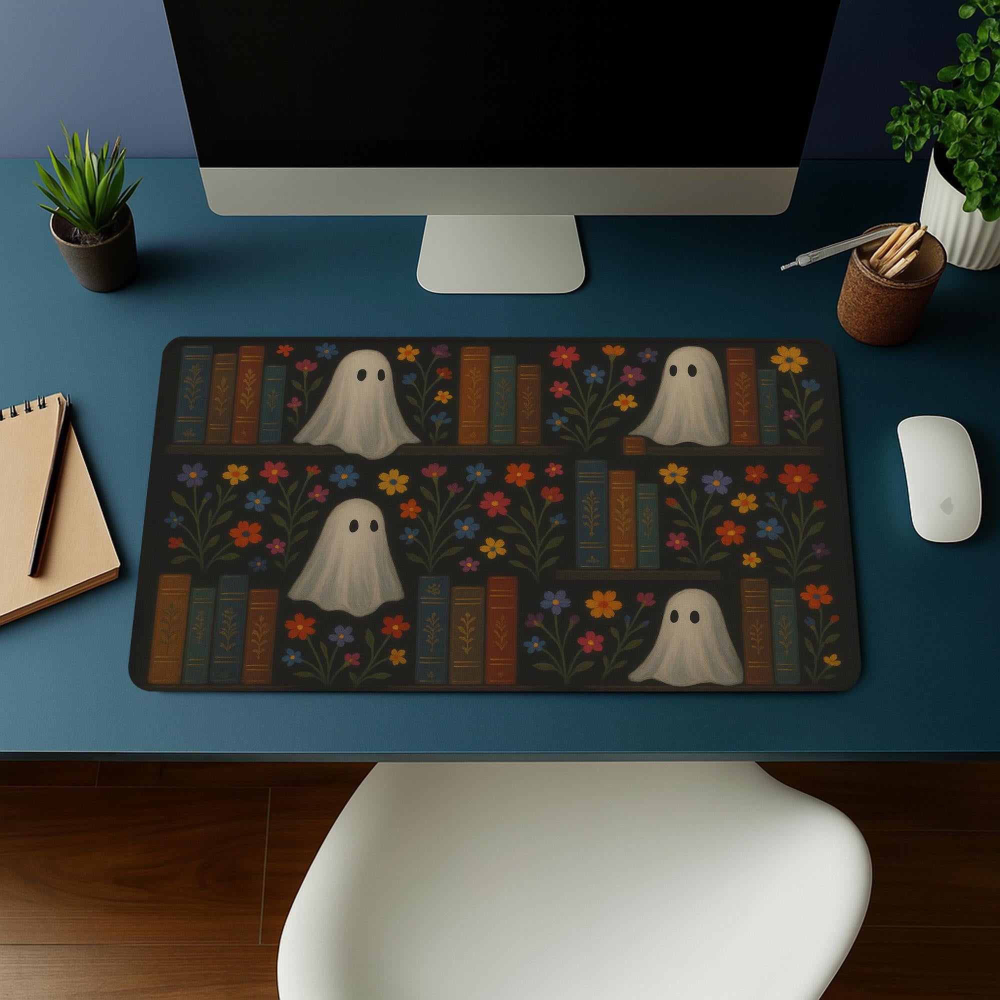 Ghost Bookshelf Mouse Pad – Cottagecore Spooky Desk Mat – Floral Gothic Office Decor – Cute Halloween Ghost Library Mousepad