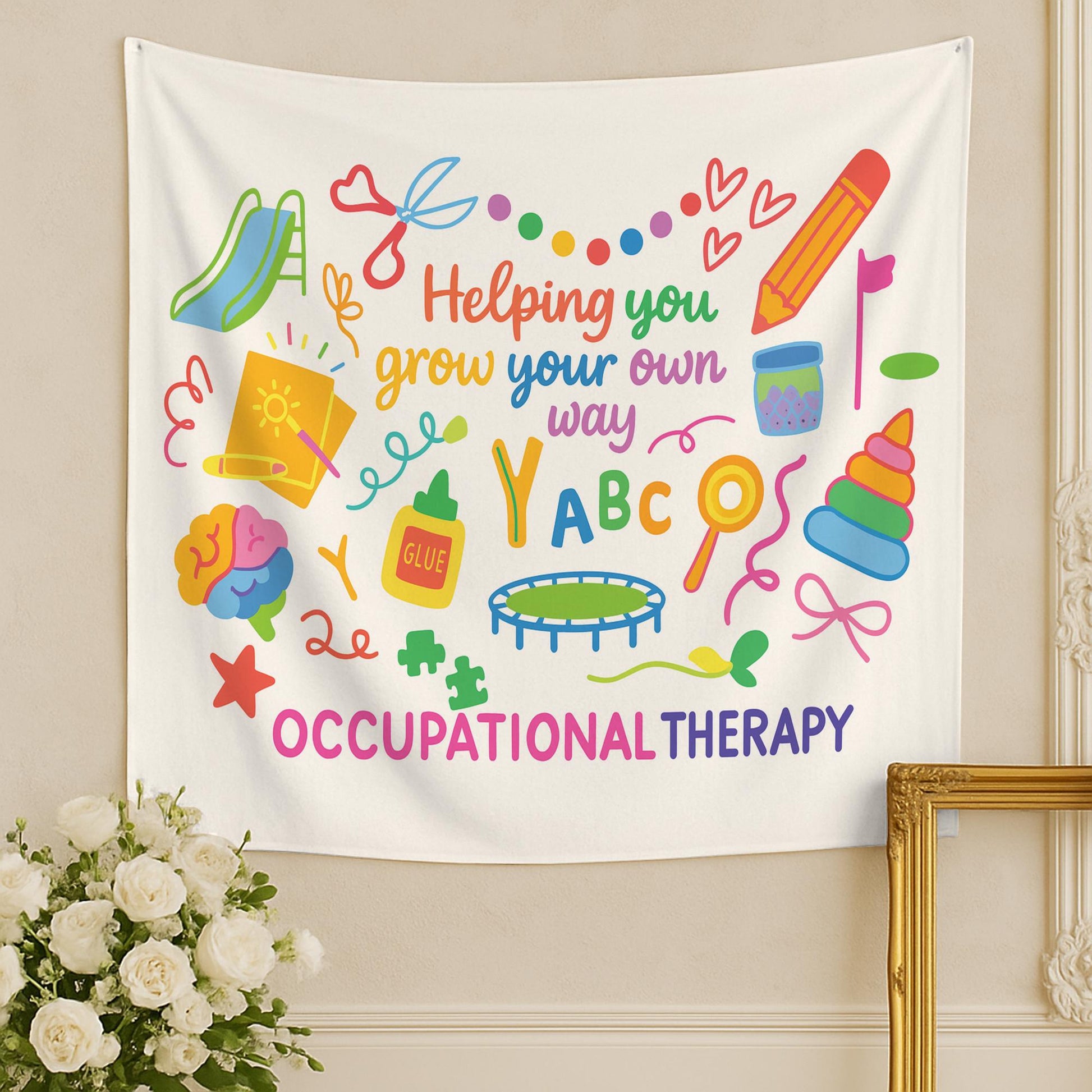 Occupational Therapy Tapestry – Colorful Pediatric OT Wall Decor – Helping You Grow Your Own Way Banner – Sensory Room or Classroom Art