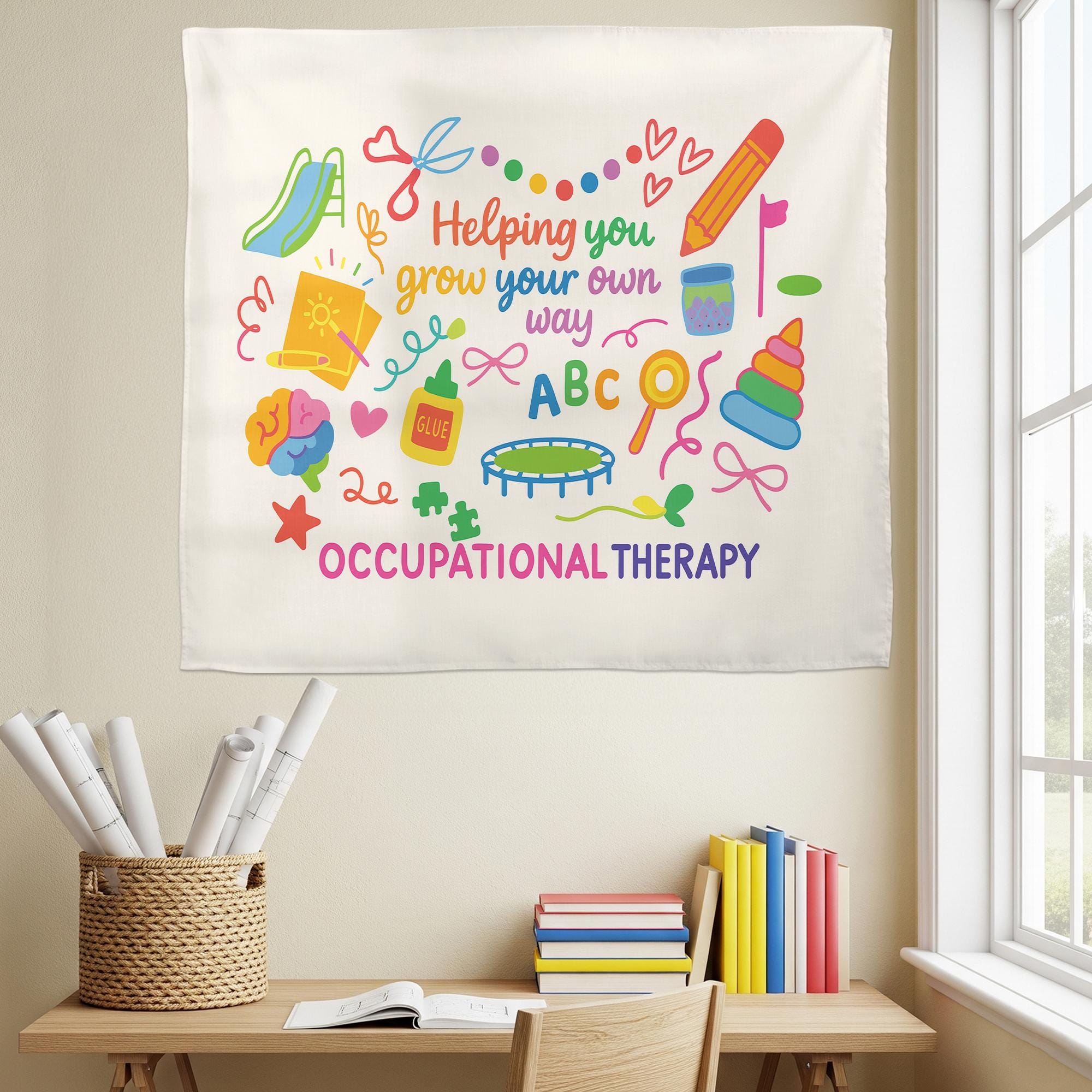 Occupational Therapy Tapestry – Colorful Pediatric OT Wall Decor – Helping You Grow Your Own Way Banner – Sensory Room or Classroom Art