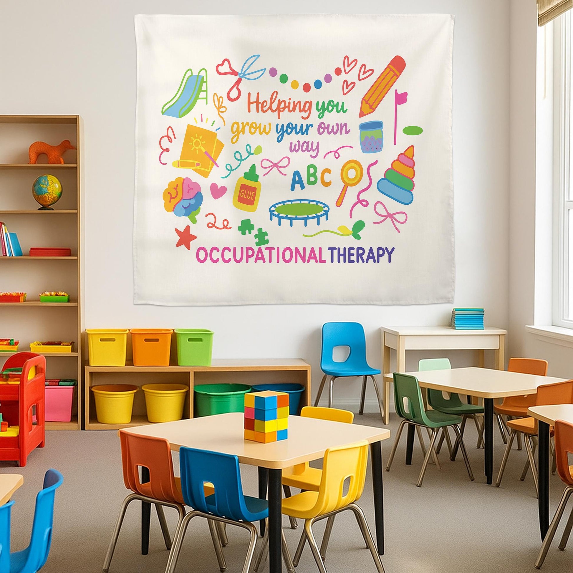 Occupational Therapy Tapestry – Colorful Pediatric OT Wall Decor – Helping You Grow Your Own Way Banner – Sensory Room or Classroom Art