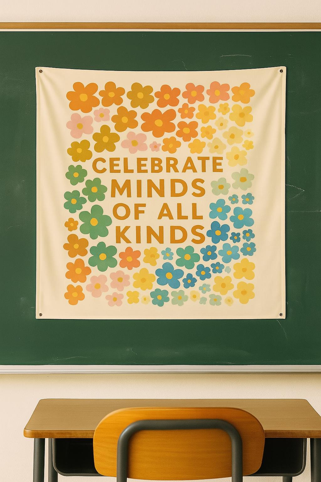 Celebrate Minds of All Kinds Tapestry | Inclusive Classroom Wall Decor | Neurodiversity Awareness Poster | Retro Teacher Office Banner