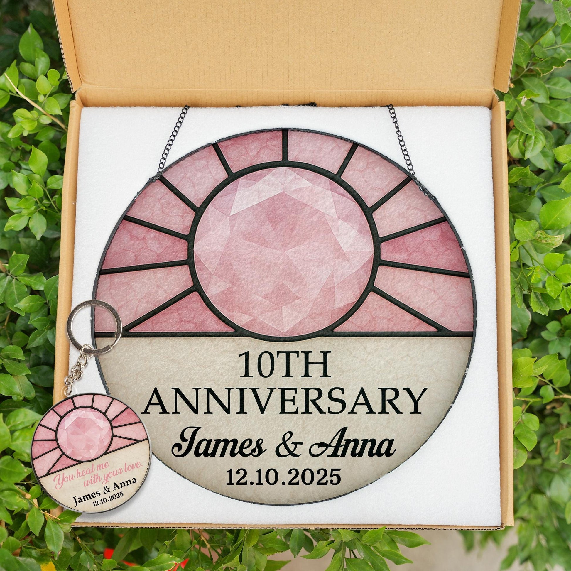 Anniversary Glass Suncatcher & Acrylic Keychain Combo | Anniversary Gemstone Glass Suncatcher | Personalized Keepsake Gifts
