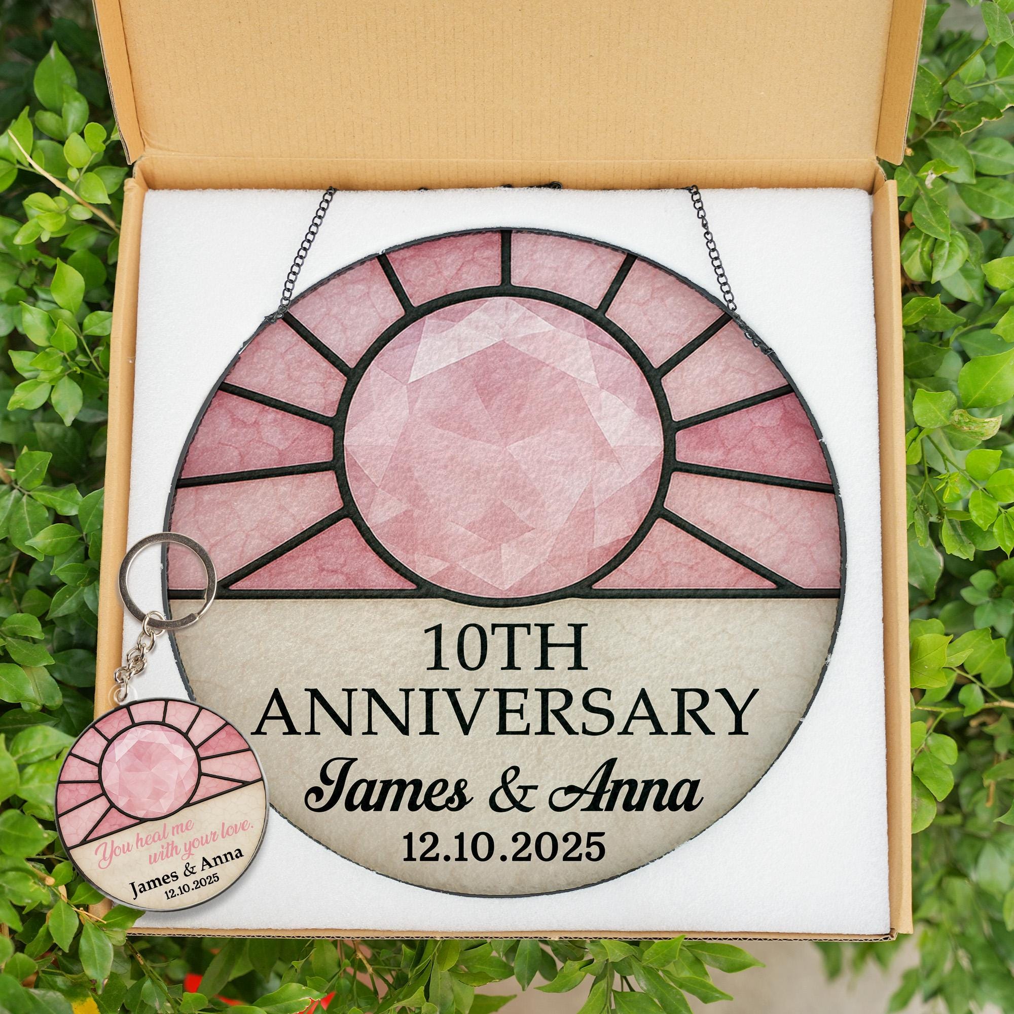 Anniversary Glass Suncatcher & Acrylic Keychain Combo | Anniversary Gemstone Glass Suncatcher | Personalized Keepsake Gifts