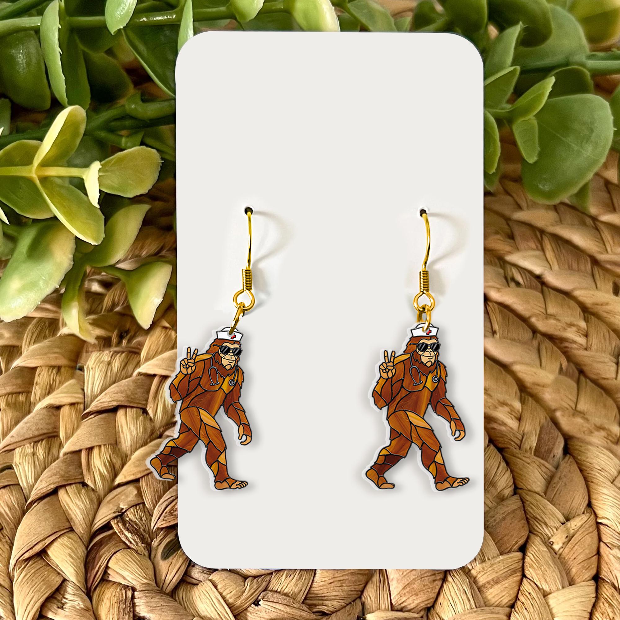 Retro Bigfoot Earrings with Peace Sign – Funny Sasquatch Earrings with Sunglasses, Headphones – Quirky Acrylic Jewelry Gift, Novelty Earring
