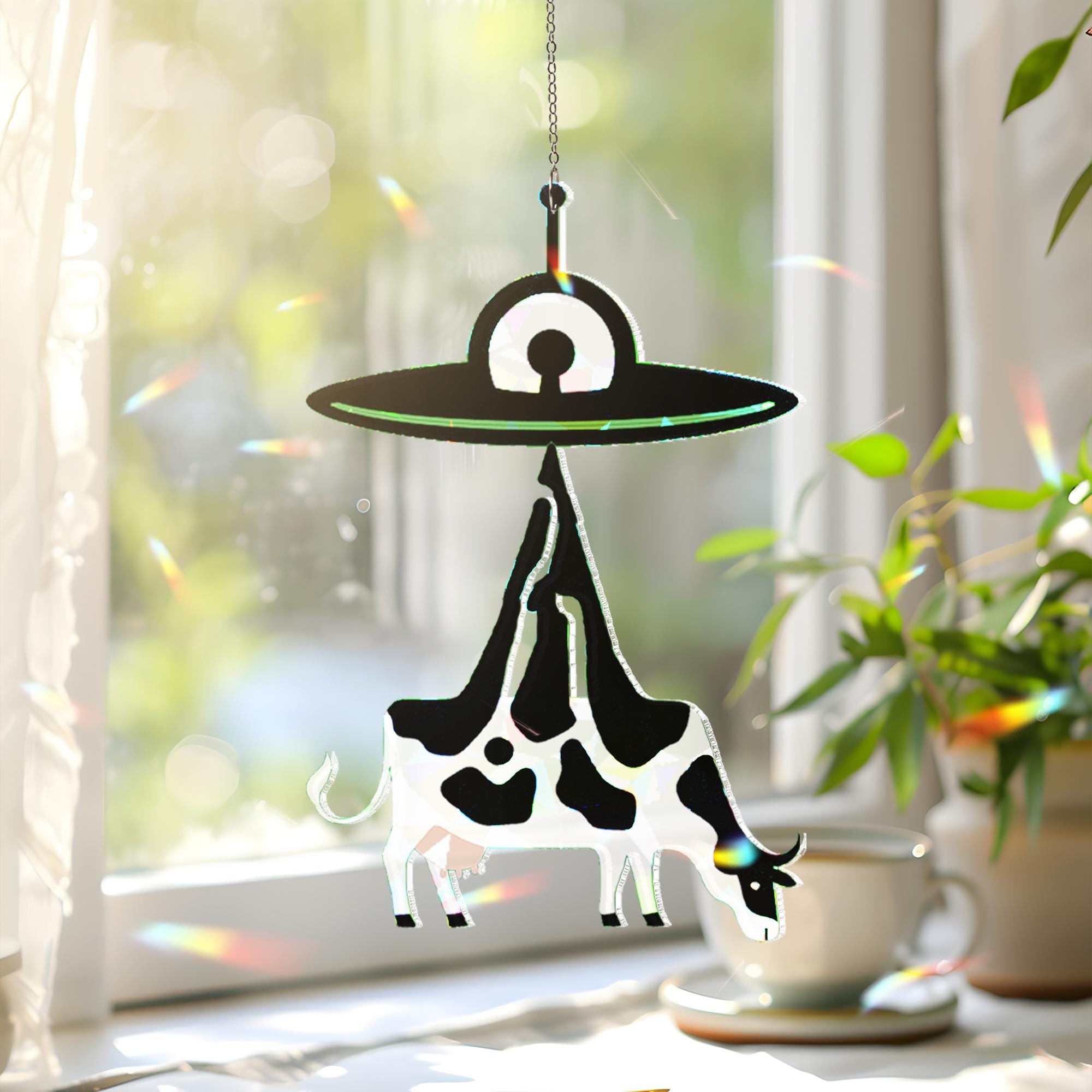 Alien UFO Cow  Acrylic Suncatcher, Funny Abduction Glass Decor, Sci-Fi Window Hanging, Quirky Space Gift for Farmers and Nerds, Home Decor