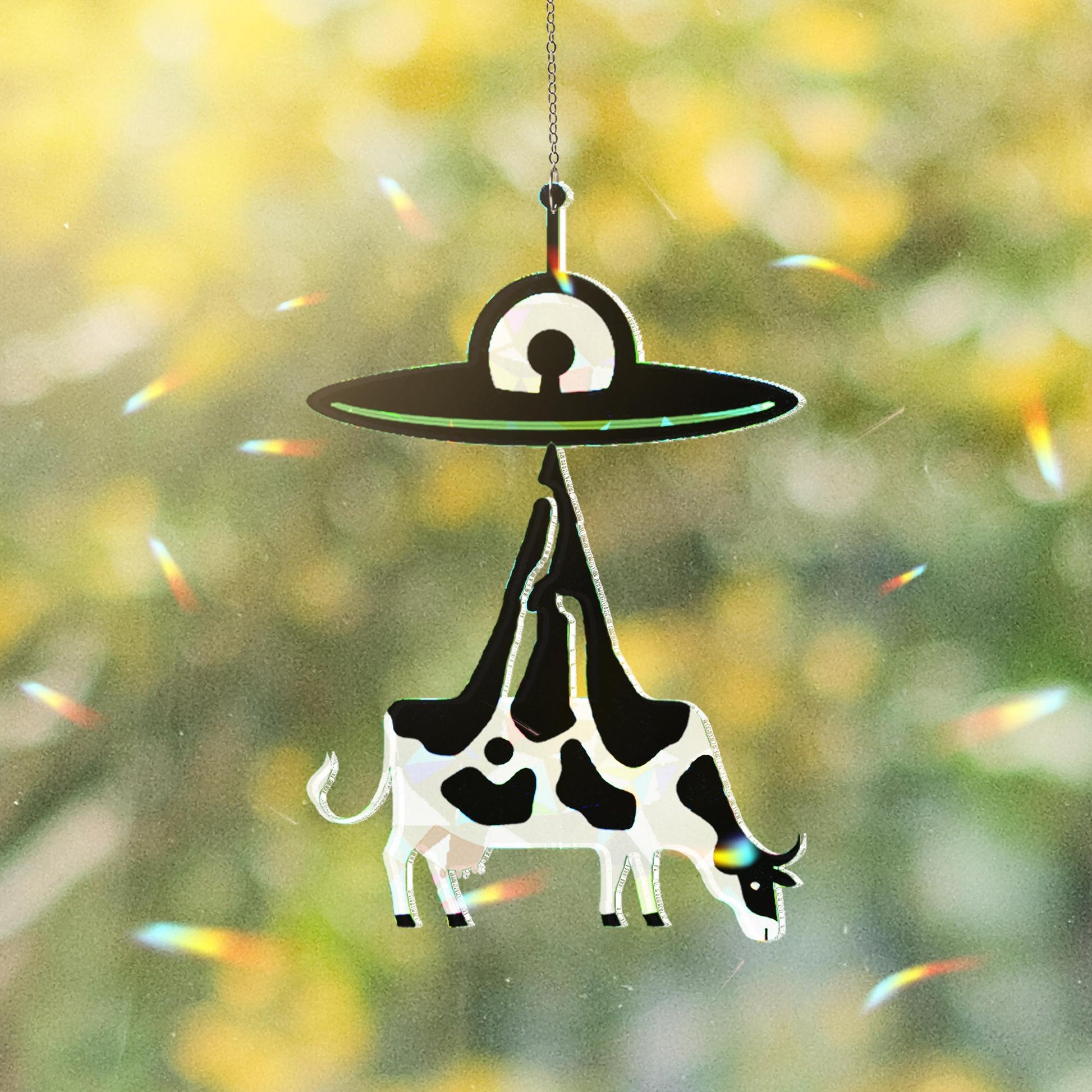 Alien UFO Cow  Acrylic Suncatcher, Funny Abduction Glass Decor, Sci-Fi Window Hanging, Quirky Space Gift for Farmers and Nerds, Home Decor