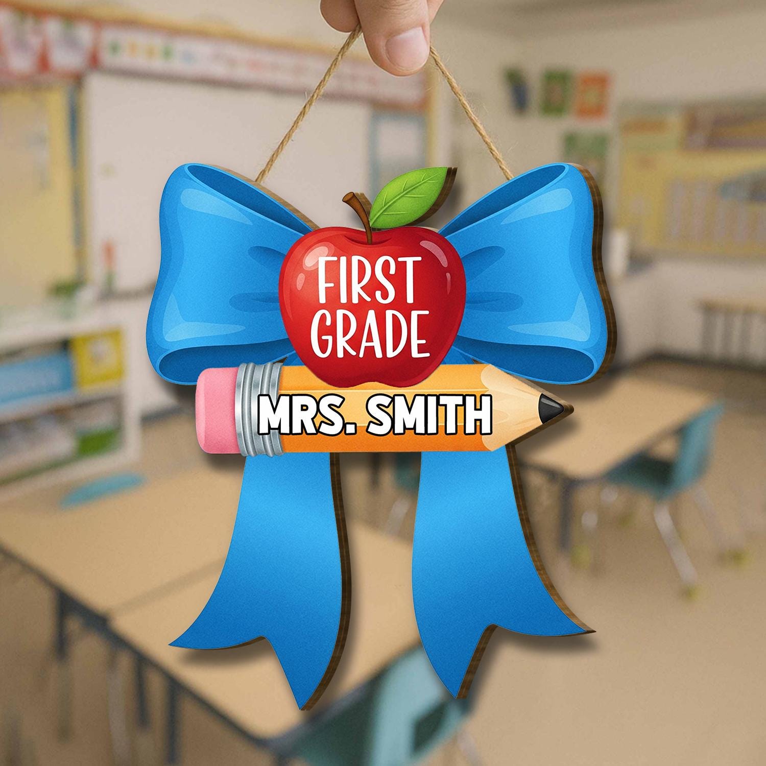 Custom Grade Teacher Door Sign, Custom Classroom Name Tag, Apple Pencil Blue Bow Decor, Back to School Teacher Gift, School Decor Sign