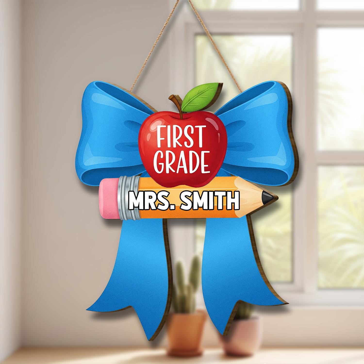Custom Grade Teacher Door Sign, Custom Classroom Name Tag, Apple Pencil Blue Bow Decor, Back to School Teacher Gift, School Decor Sign