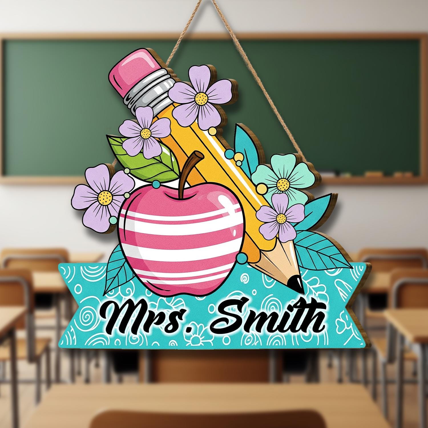 Teacher Door Sign with Name, Floral Apple Pencil Classroom Decor, Custom Teacher Gift, Back to School Welcome Plaque,Custom Gift For Teacher