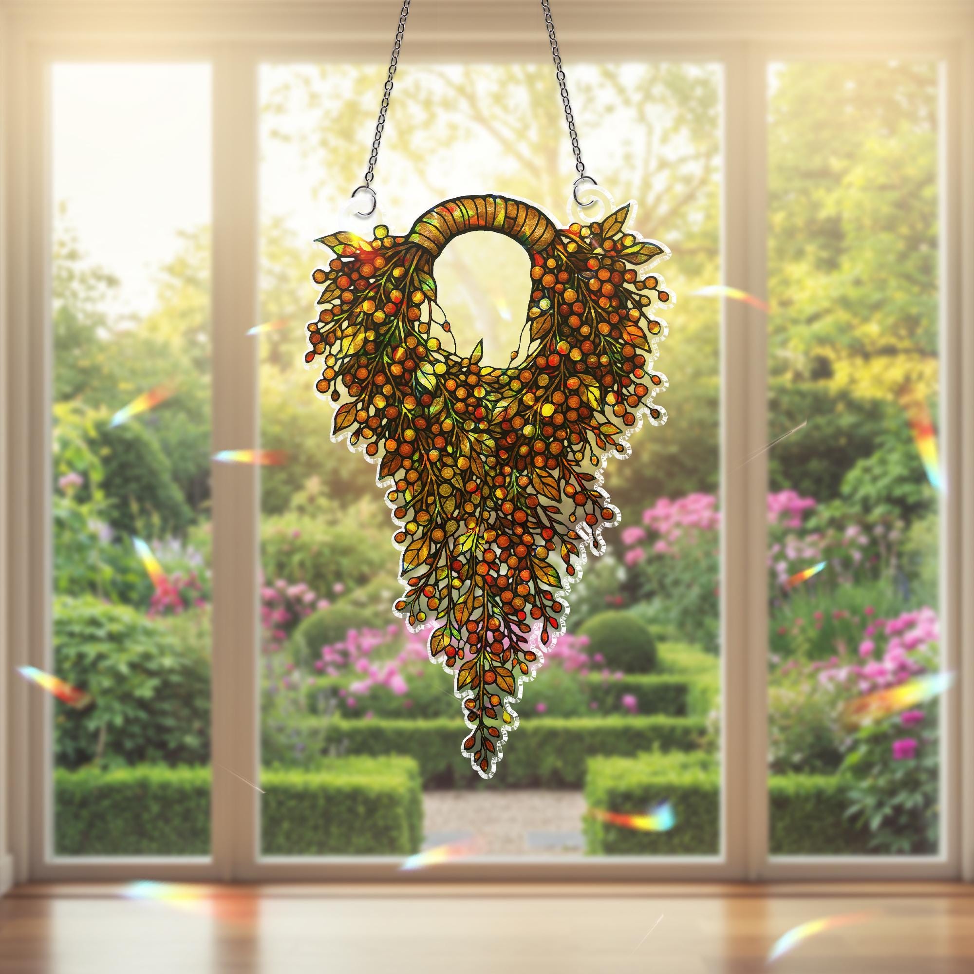 Autumn Wreath Suncatcher – Holographic Faux Stained Glass Window Decor – Fall Hanging Leaf Ornament – Colorful Acrylic Sun Catcher Gift
