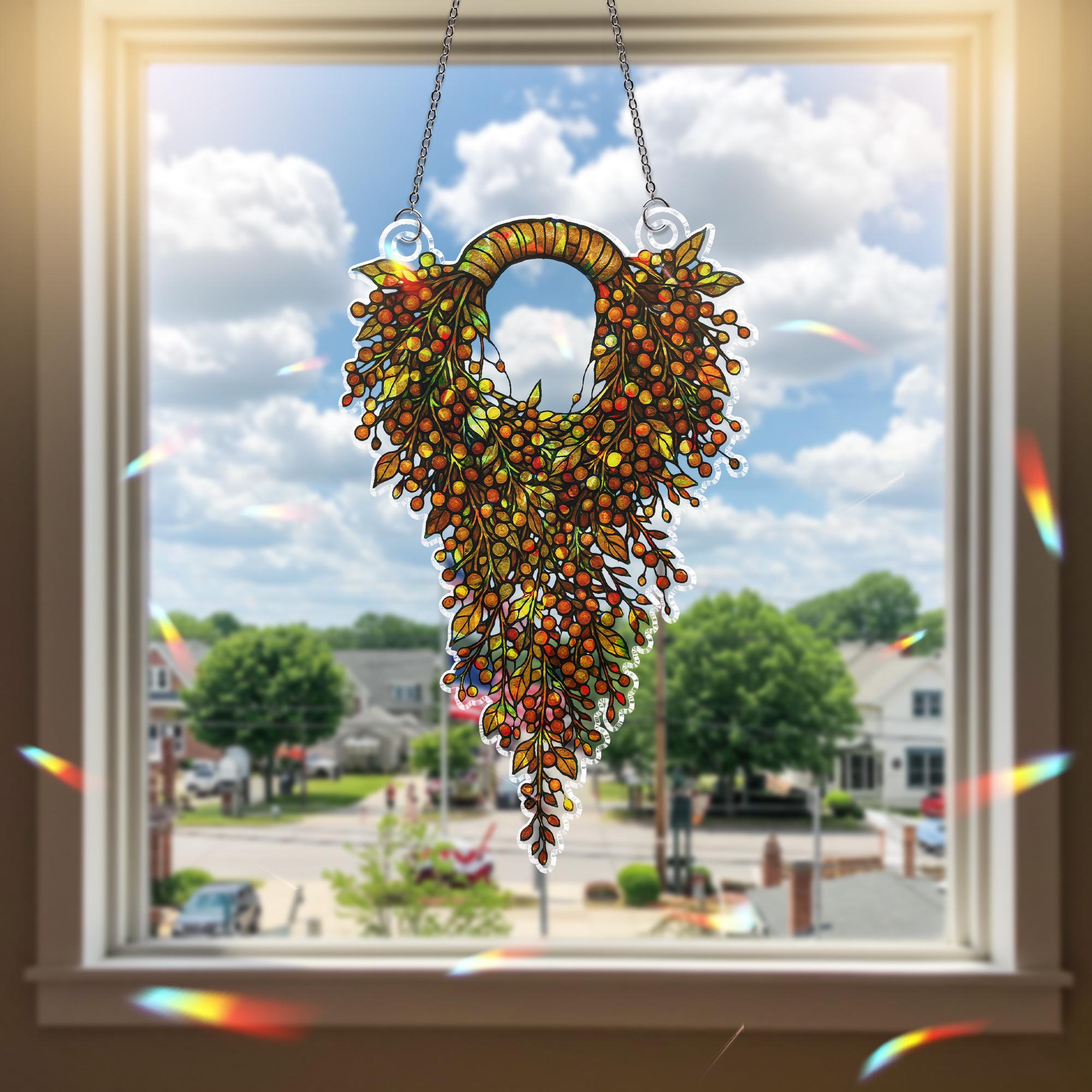 Autumn Wreath Suncatcher – Holographic Faux Stained Glass Window Decor – Fall Hanging Leaf Ornament – Colorful Acrylic Sun Catcher Gift