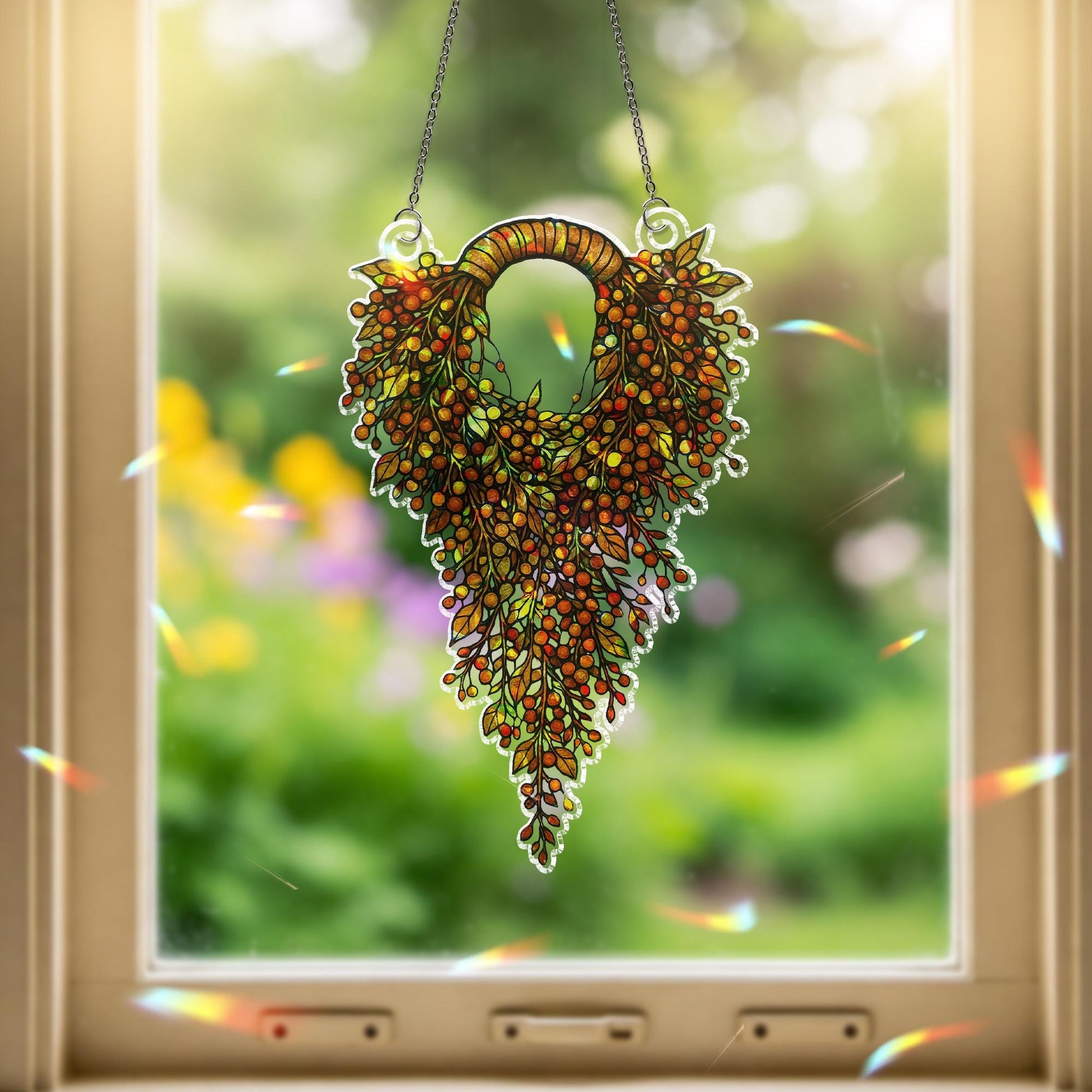 Autumn Wreath Suncatcher – Holographic Faux Stained Glass Window Decor – Fall Hanging Leaf Ornament – Colorful Acrylic Sun Catcher Gift
