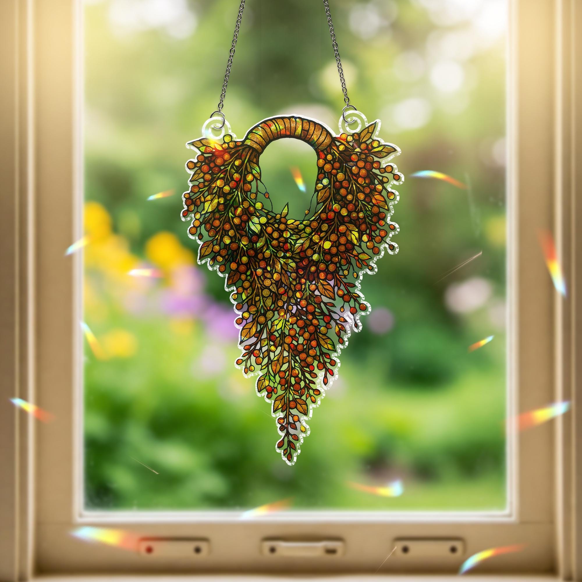 Autumn Wreath Suncatcher – Holographic Faux Stained Glass Window Decor – Fall Hanging Leaf Ornament – Colorful Acrylic Sun Catcher Gift