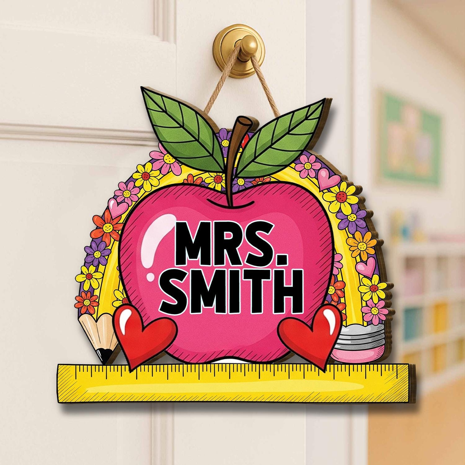 Custom Teacher Door Sign, Rainbow Apple Classroom Name Tag, Personalized Teacher Gift, Back to School Wall Decor, Classroom Decor Custom