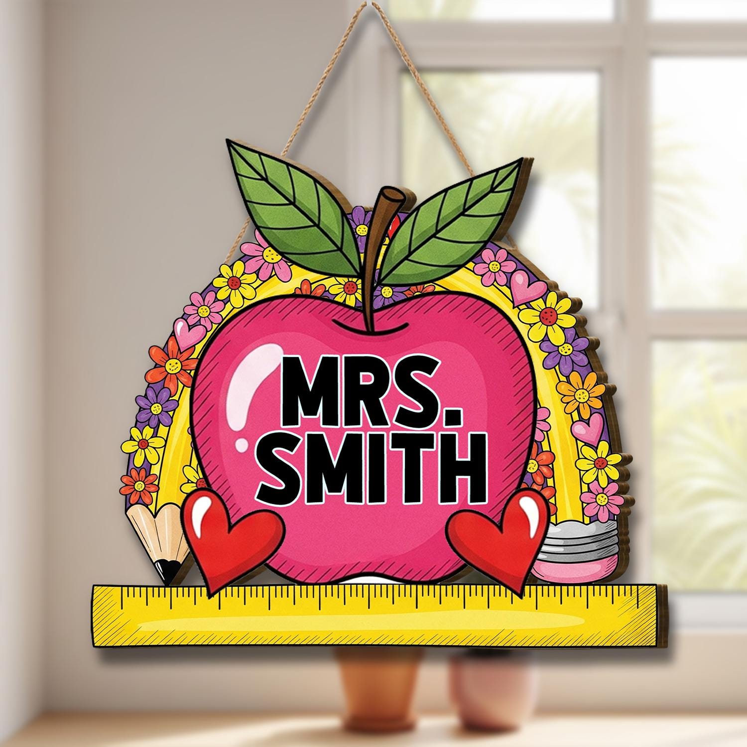 Custom Teacher Door Sign, Rainbow Apple Classroom Name Tag, Personalized Teacher Gift, Back to School Wall Decor, Classroom Decor Custom