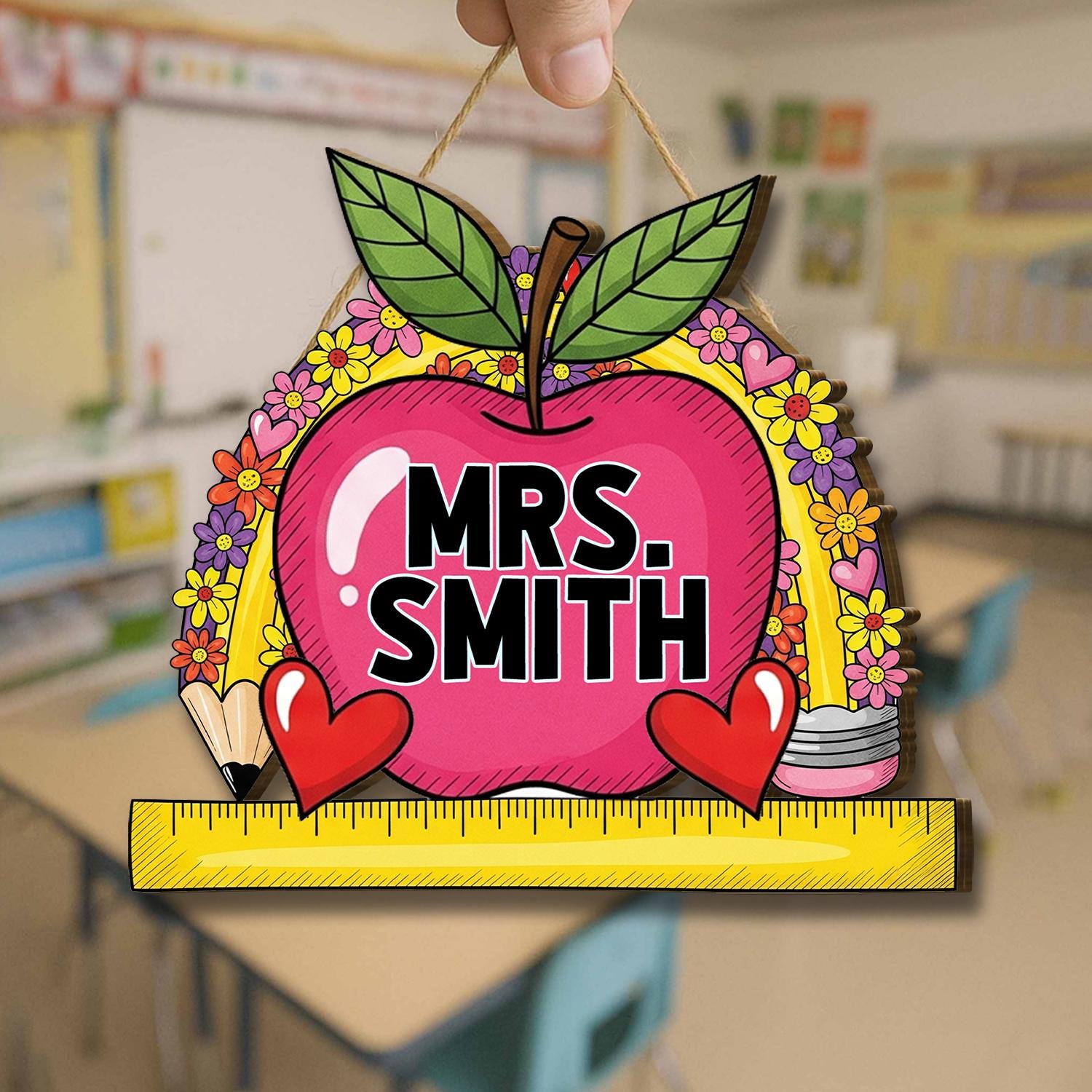 Custom Teacher Door Sign, Rainbow Apple Classroom Name Tag, Personalized Teacher Gift, Back to School Wall Decor, Classroom Decor Custom