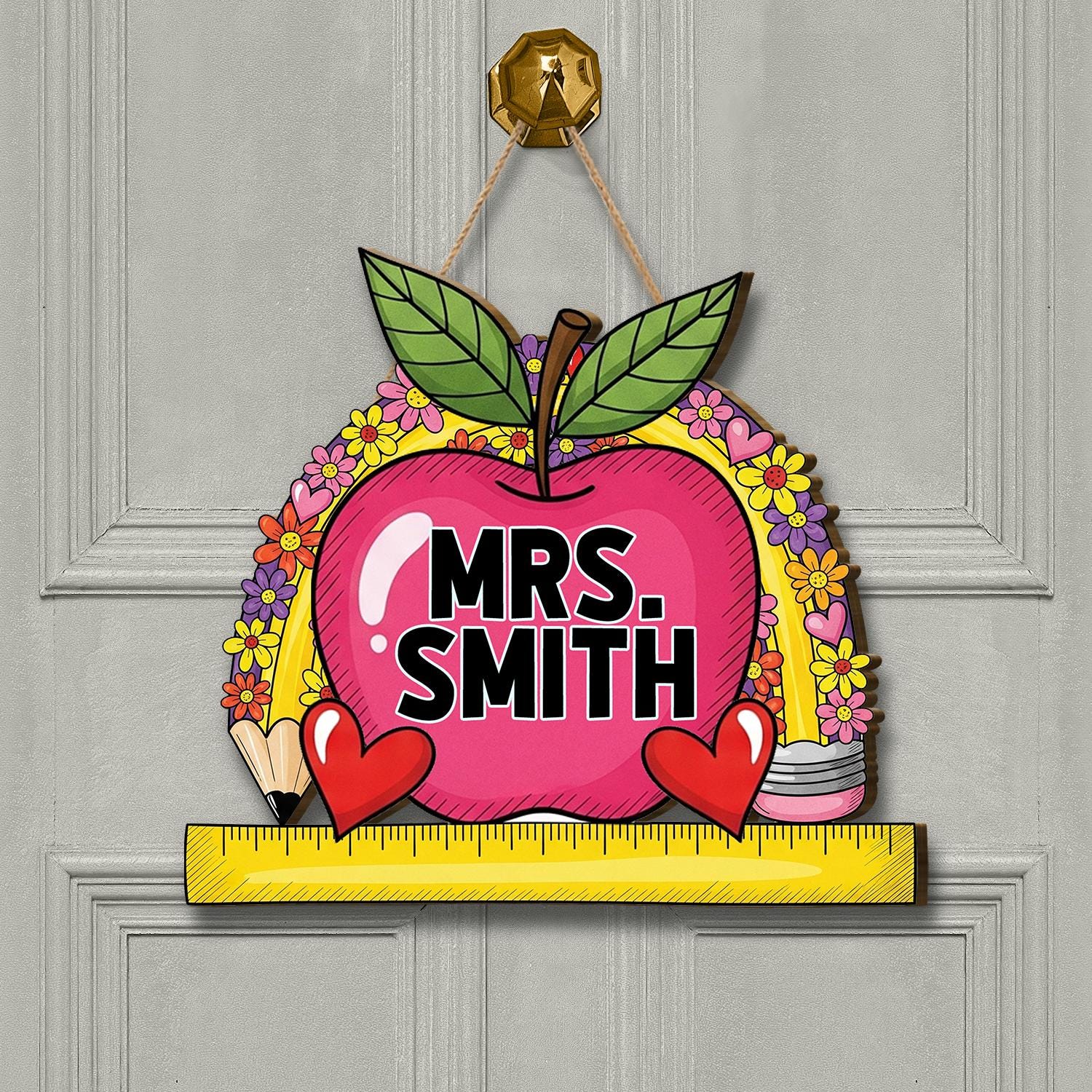 Custom Teacher Door Sign, Rainbow Apple Classroom Name Tag, Personalized Teacher Gift, Back to School Wall Decor, Classroom Decor Custom