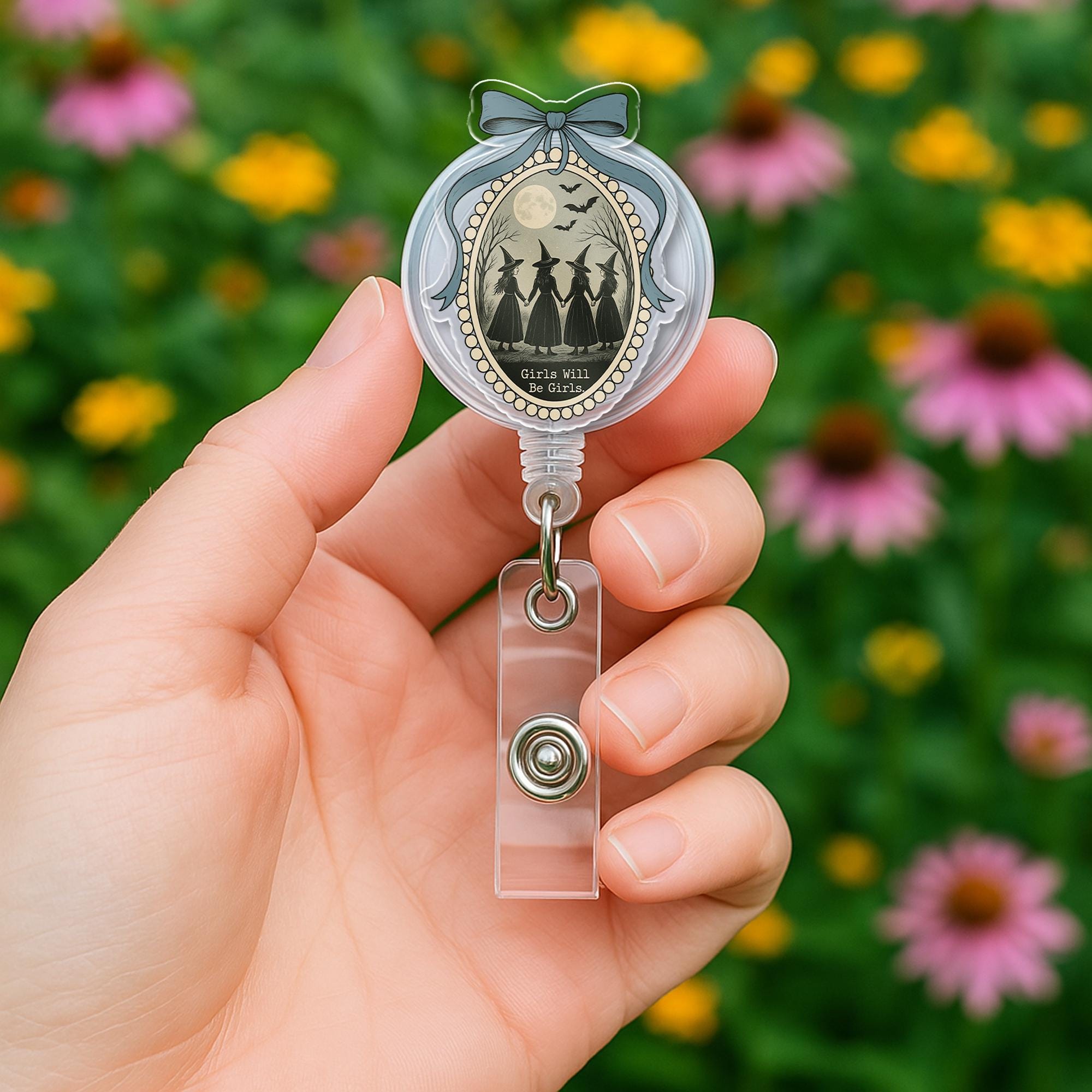 Witchy Badge Reel – Girls Will Be Girls Retractable ID Clip – Feminist Gothic Lanyard Accessory – Cute Spooky Work Badge Holder