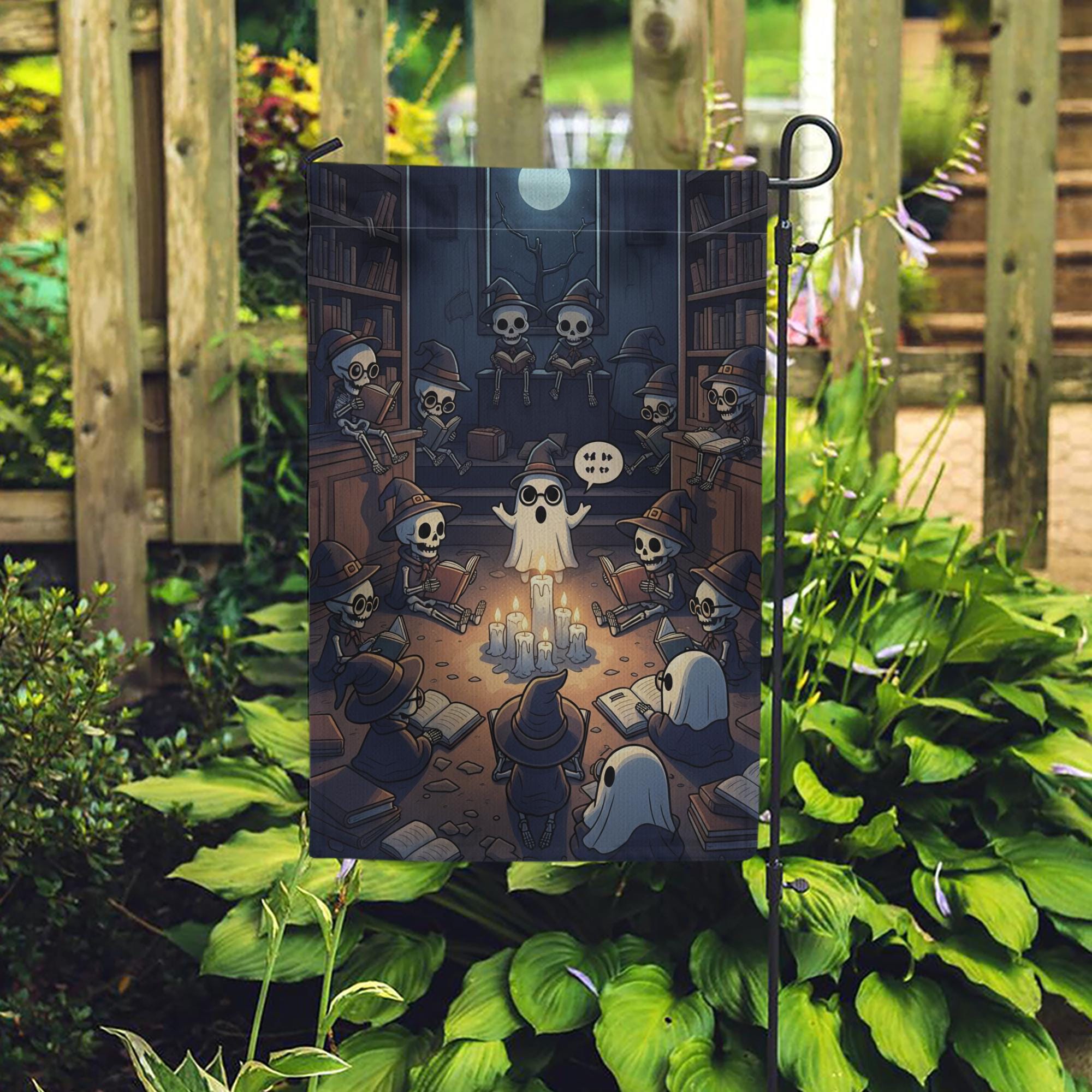 Halloween Library Ghost Story Flag – Spooky Skeleton Reading Circle Garden Flag, Witch Library Candlelight Fall Outdoor Decoration