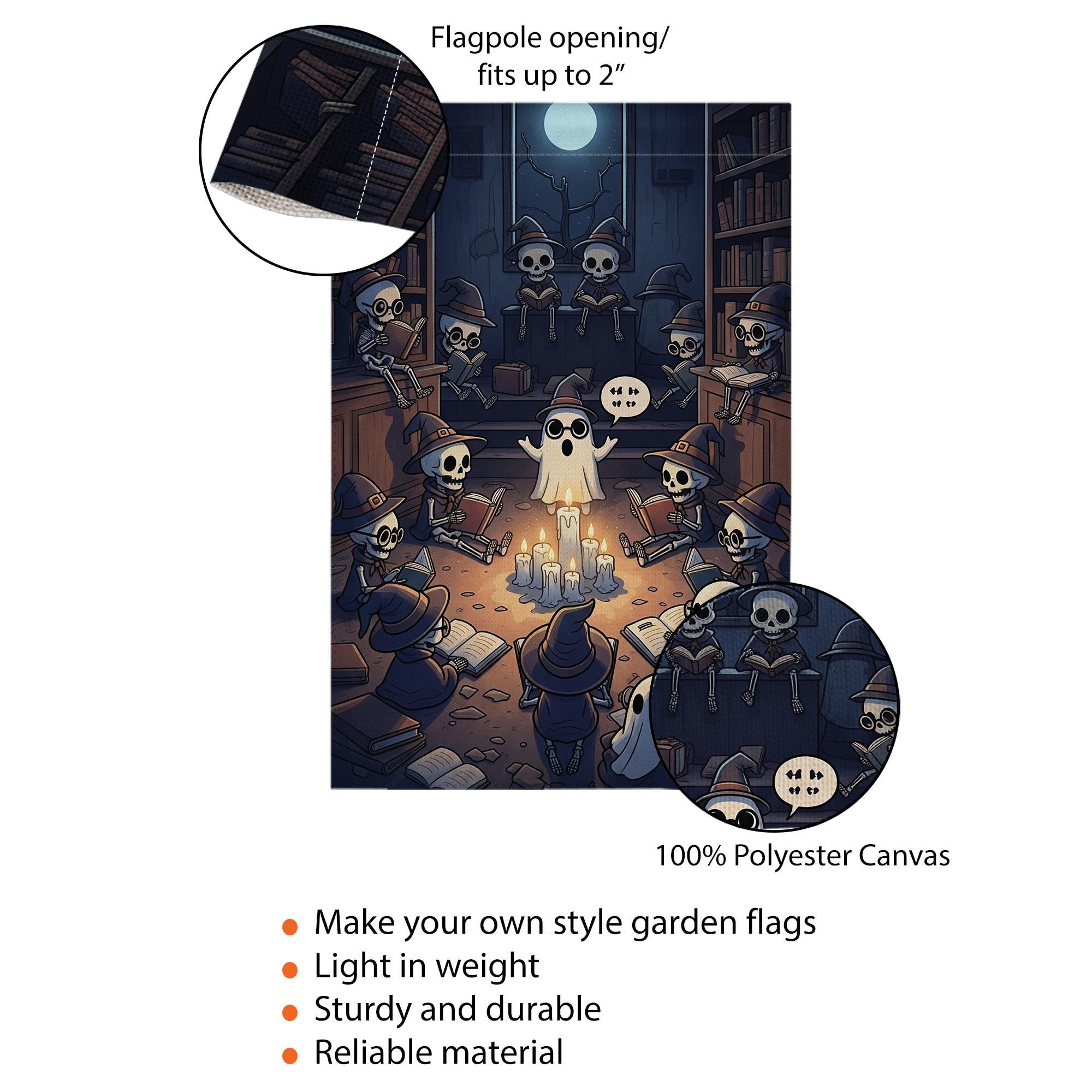 Halloween Library Ghost Story Flag – Spooky Skeleton Reading Circle Garden Flag, Witch Library Candlelight Fall Outdoor Decoration