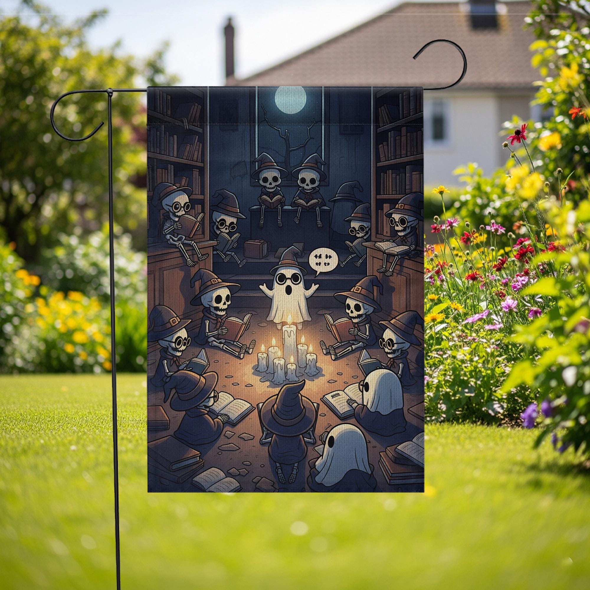 Halloween Library Ghost Story Flag – Spooky Skeleton Reading Circle Garden Flag, Witch Library Candlelight Fall Outdoor Decoration