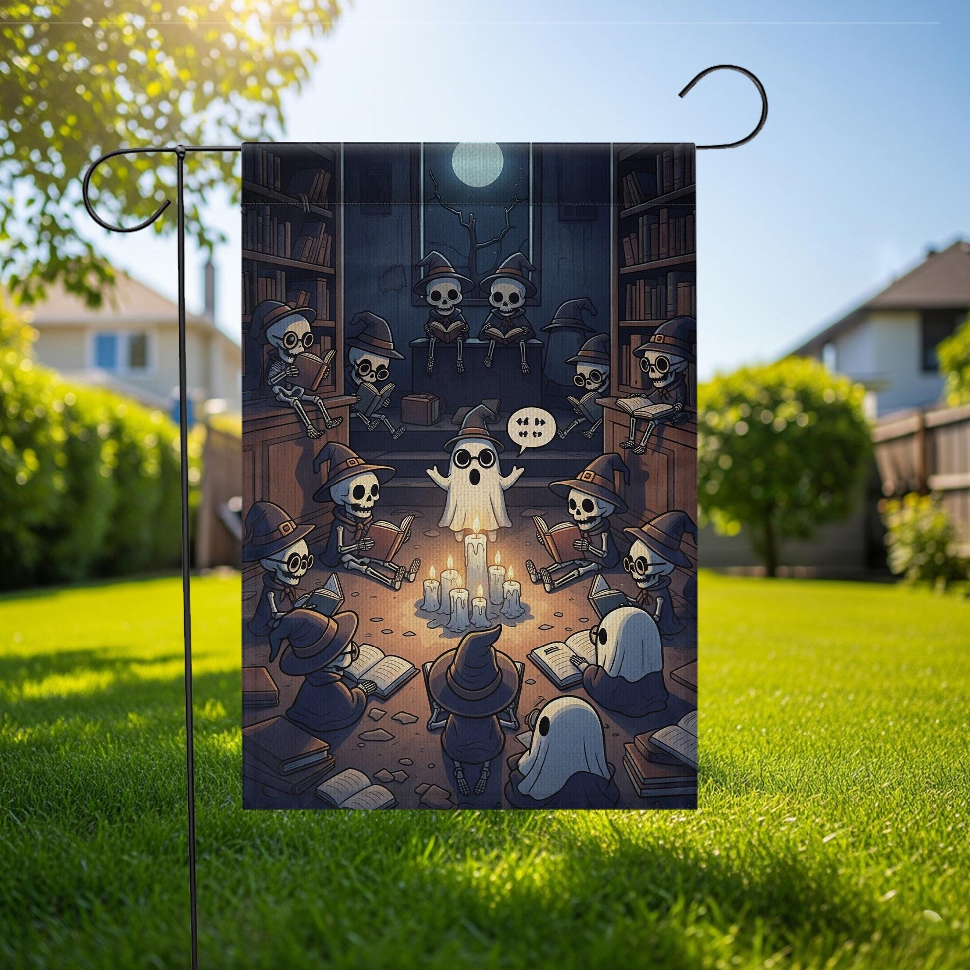 Halloween Library Ghost Story Flag – Spooky Skeleton Reading Circle Garden Flag, Witch Library Candlelight Fall Outdoor Decoration