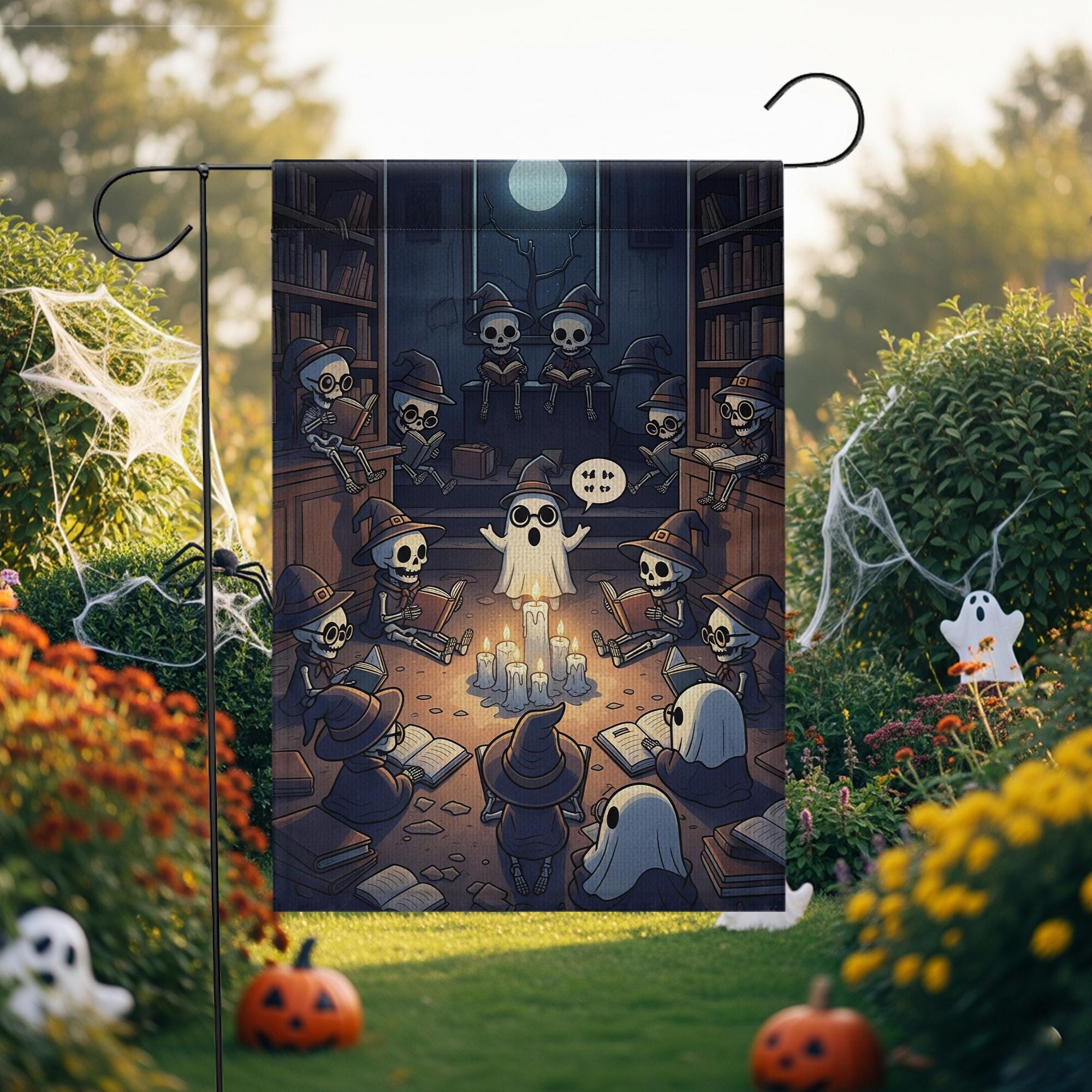 Halloween Library Ghost Story Flag – Spooky Skeleton Reading Circle Garden Flag, Witch Library Candlelight Fall Outdoor Decoration