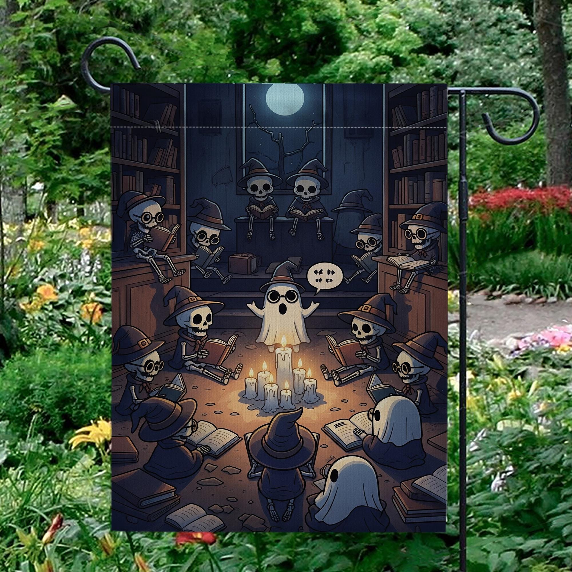 Halloween Library Ghost Story Flag – Spooky Skeleton Reading Circle Garden Flag, Witch Library Candlelight Fall Outdoor Decoration