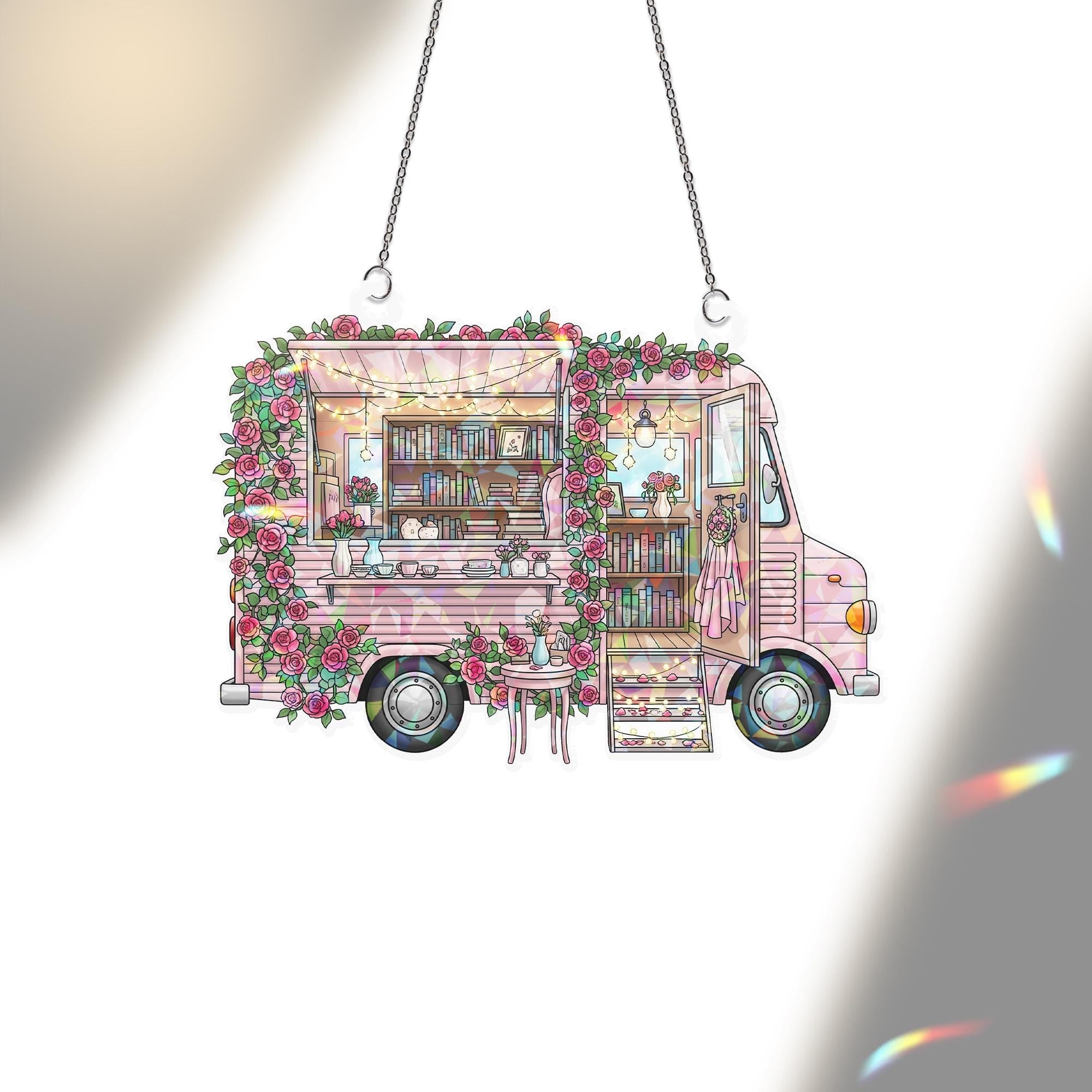 Book Truck Hologram Window Hanging – Cozy Mobile Bookshop Sun Catcher, Rose Garden Reading Café Decor for Book Lovers