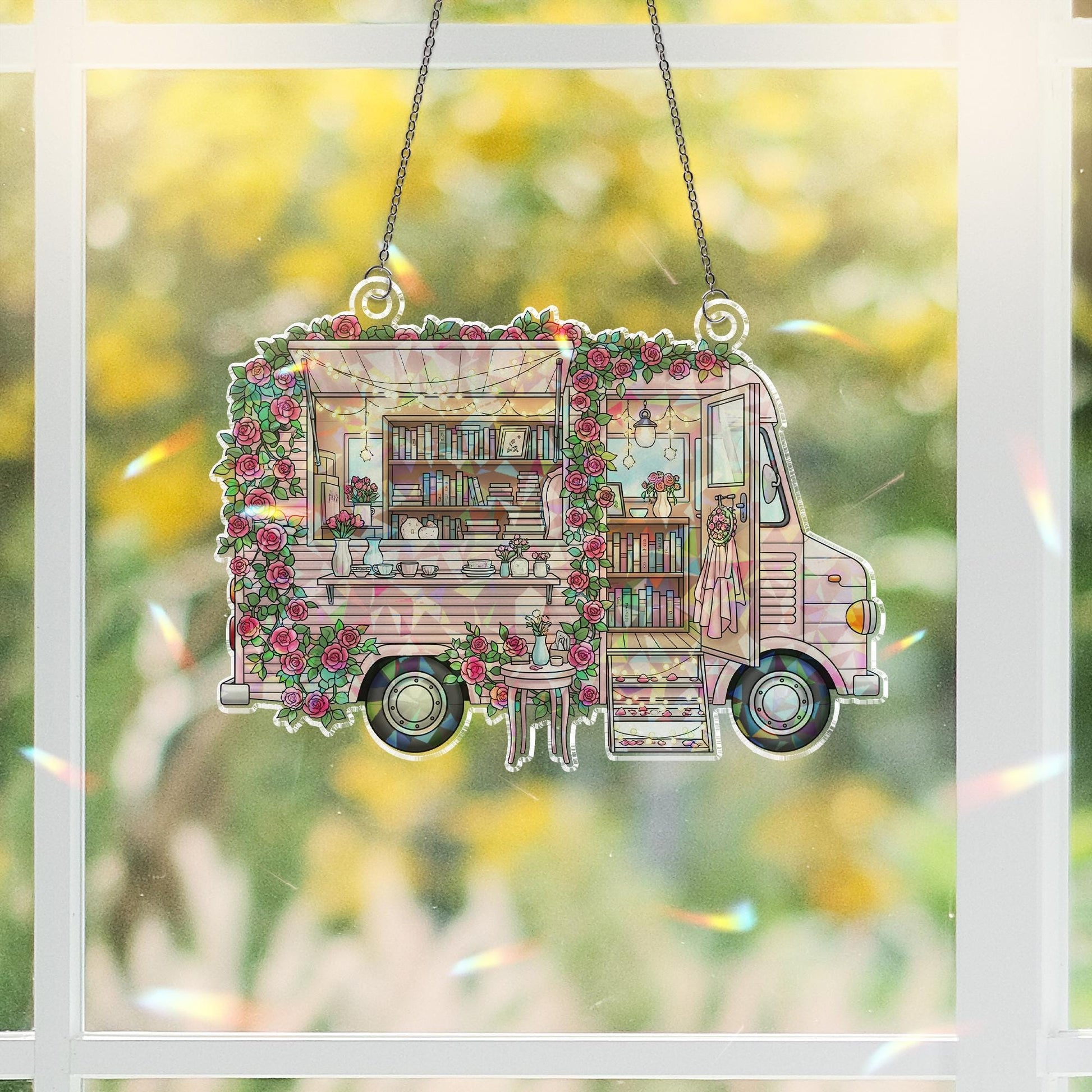 Book Truck Hologram Window Hanging – Cozy Mobile Bookshop Sun Catcher, Rose Garden Reading Café Decor for Book Lovers