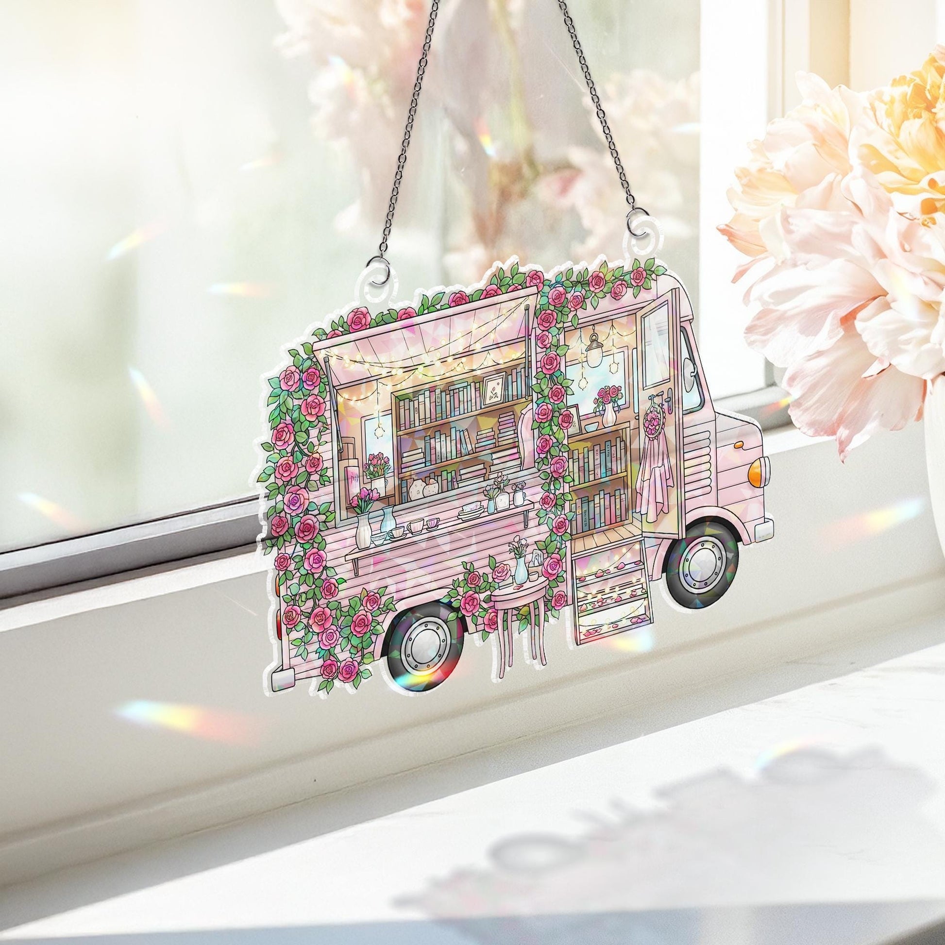 Book Truck Hologram Window Hanging – Cozy Mobile Bookshop Sun Catcher, Rose Garden Reading Café Decor for Book Lovers