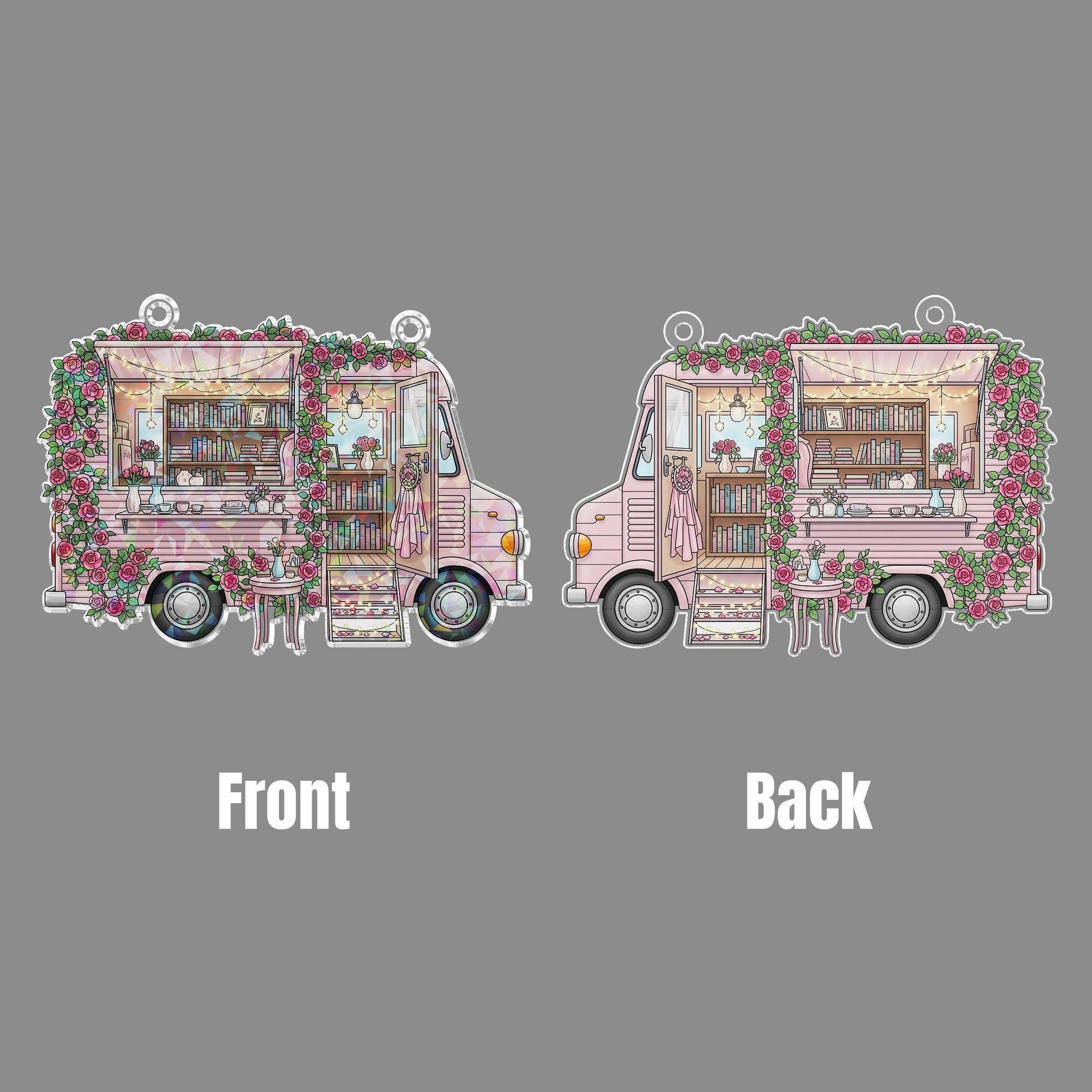 Book Truck Hologram Window Hanging – Cozy Mobile Bookshop Sun Catcher, Rose Garden Reading Café Decor for Book Lovers