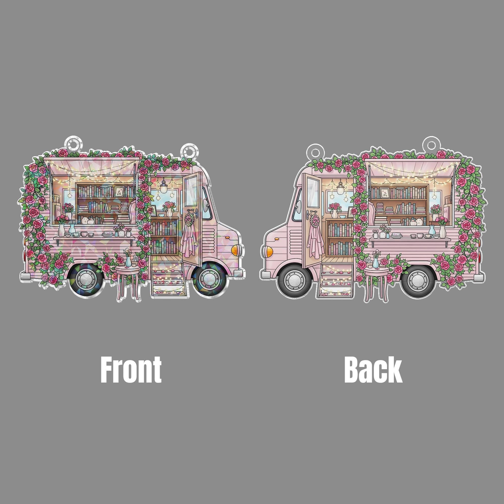 Book Truck Hologram Window Hanging – Cozy Mobile Bookshop Sun Catcher, Rose Garden Reading Café Decor for Book Lovers