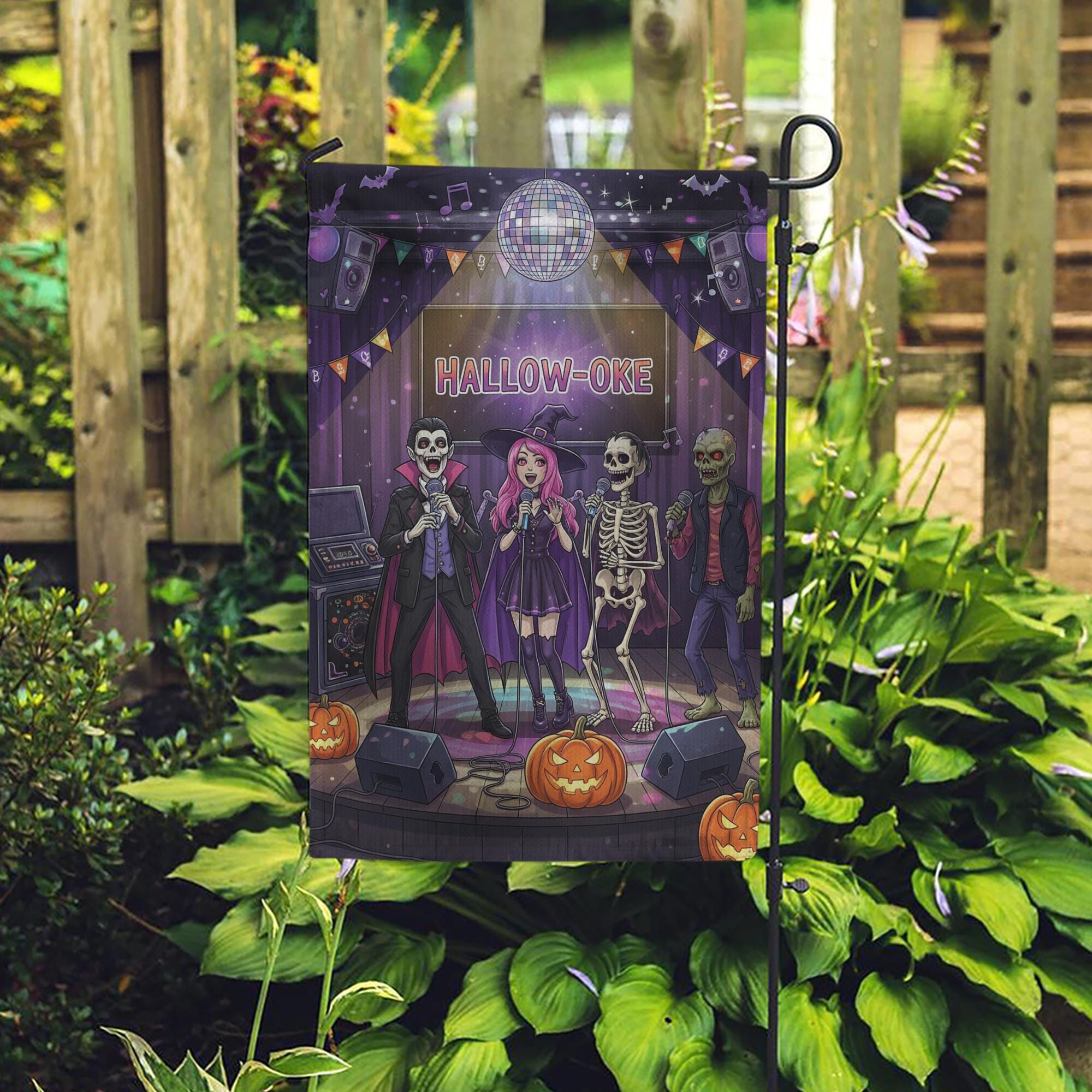 Halloween Karaoke Garden Flag – Hallow-Oke Party Decor, Spooky Singing Skeletons, Funny Outdoor Halloween Yard Decoration