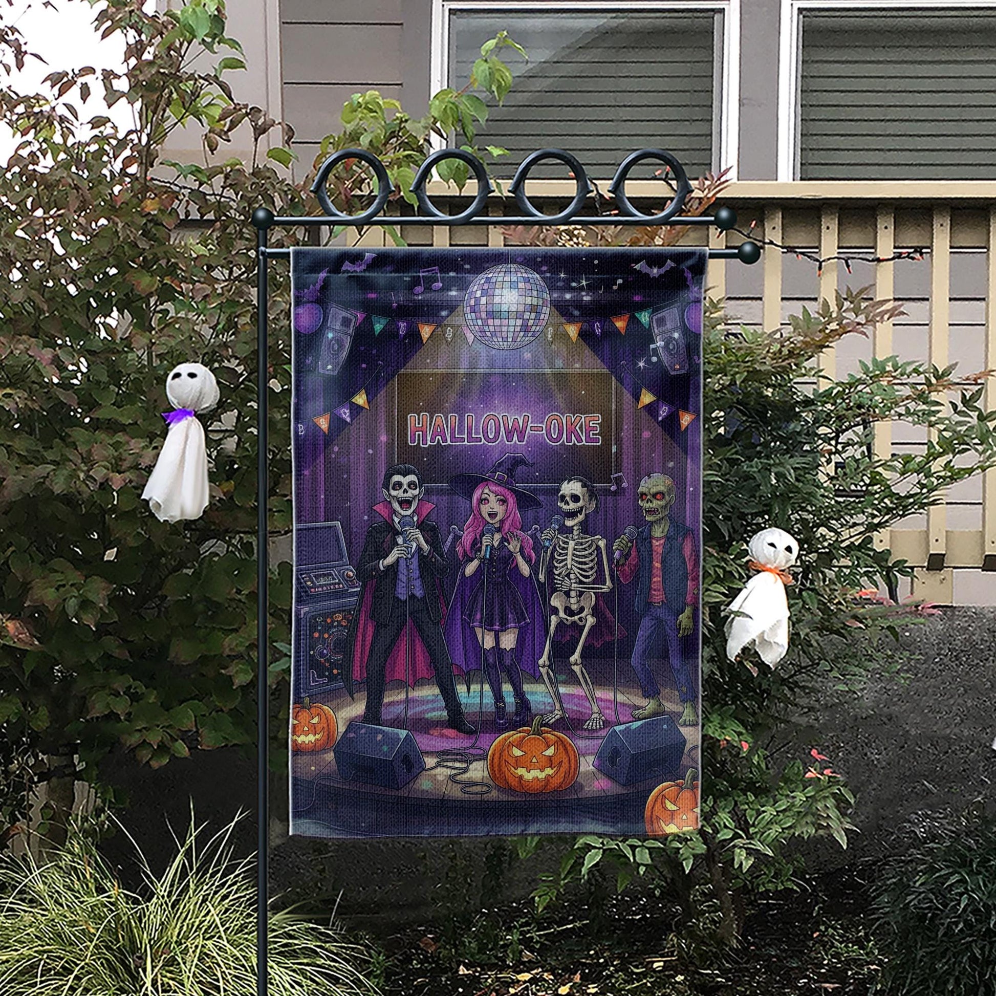 Halloween Karaoke Garden Flag – Hallow-Oke Party Decor, Spooky Singing Skeletons, Funny Outdoor Halloween Yard Decoration