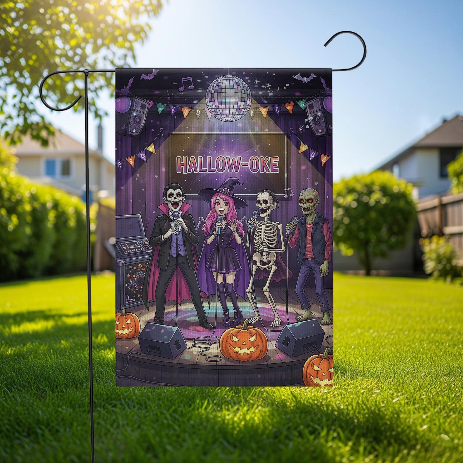 Halloween Karaoke Garden Flag – Hallow-Oke Party Decor, Spooky Singing Skeletons, Funny Outdoor Halloween Yard Decoration