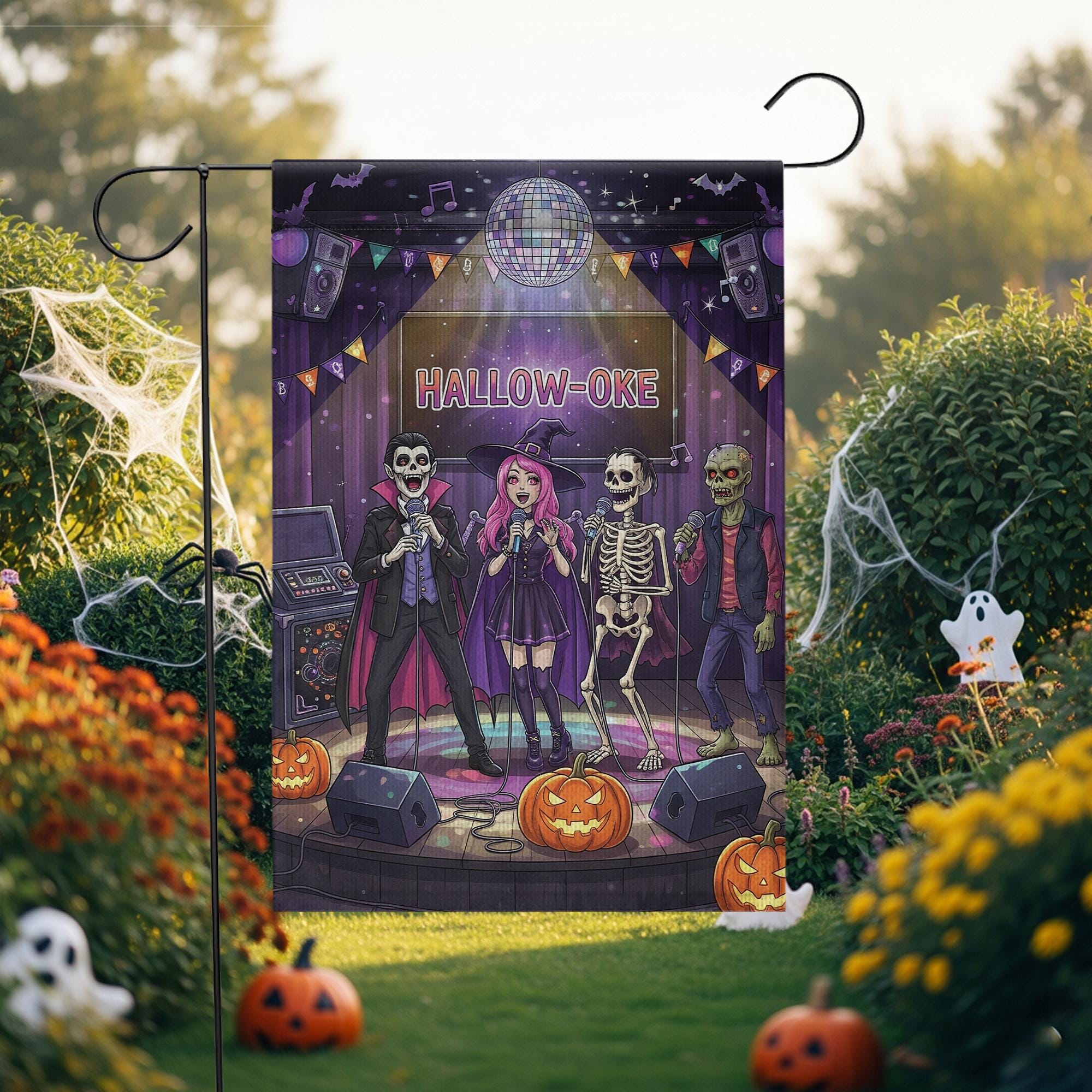 Halloween Karaoke Garden Flag – Hallow-Oke Party Decor, Spooky Singing Skeletons, Funny Outdoor Halloween Yard Decoration