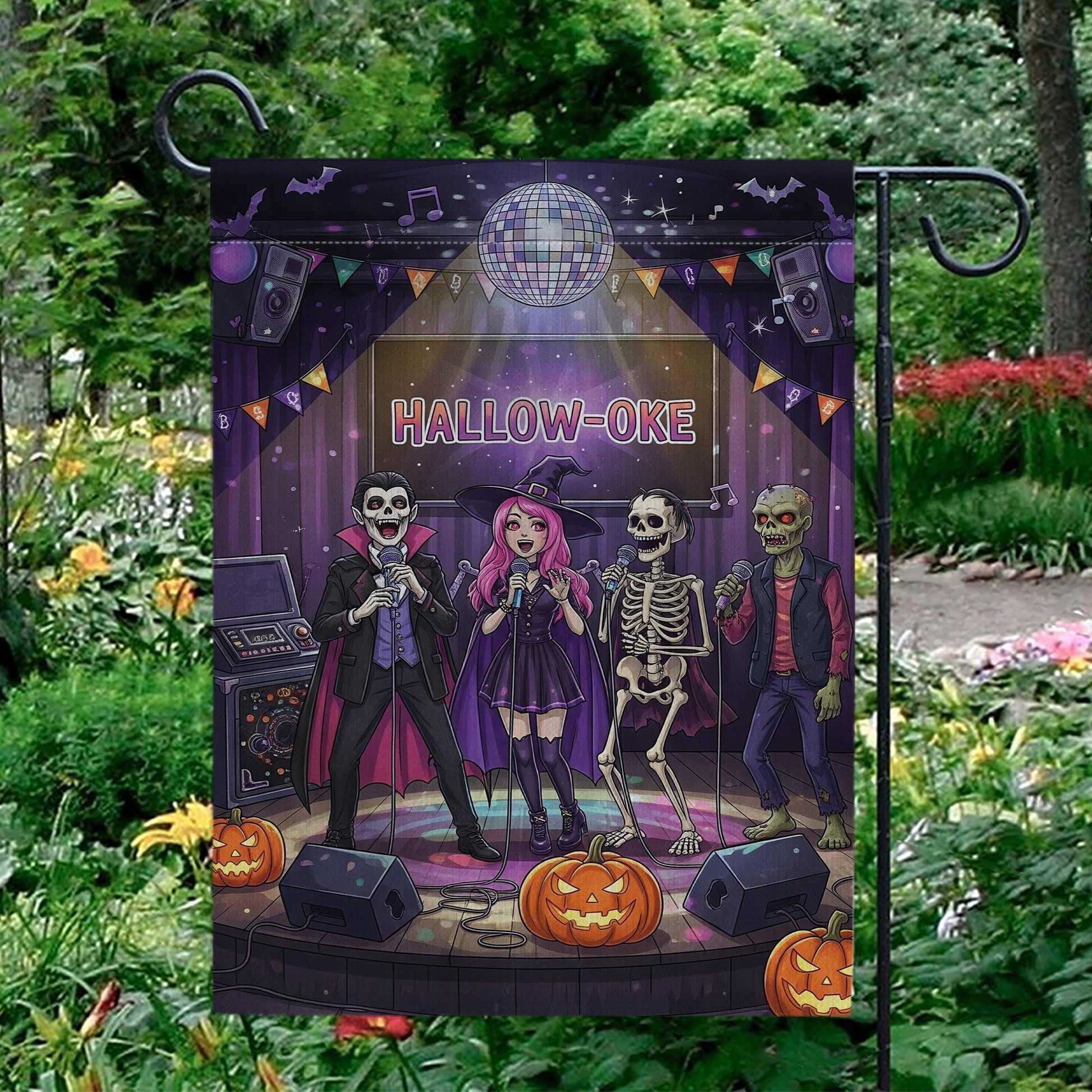 Halloween Karaoke Garden Flag – Hallow-Oke Party Decor, Spooky Singing Skeletons, Funny Outdoor Halloween Yard Decoration