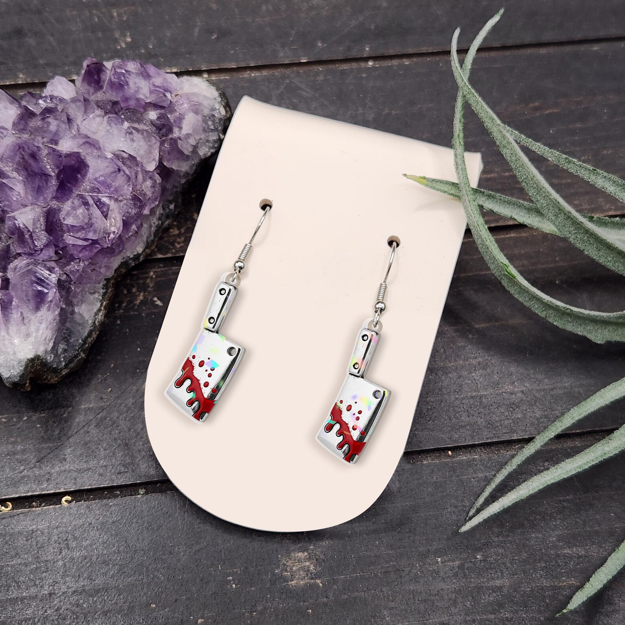 Acrylic Bloody Cleaver Earrings, Horror Knife Jewelry for Adults, Gothic Halloween Dangles, Red Splatter Drop Earrings